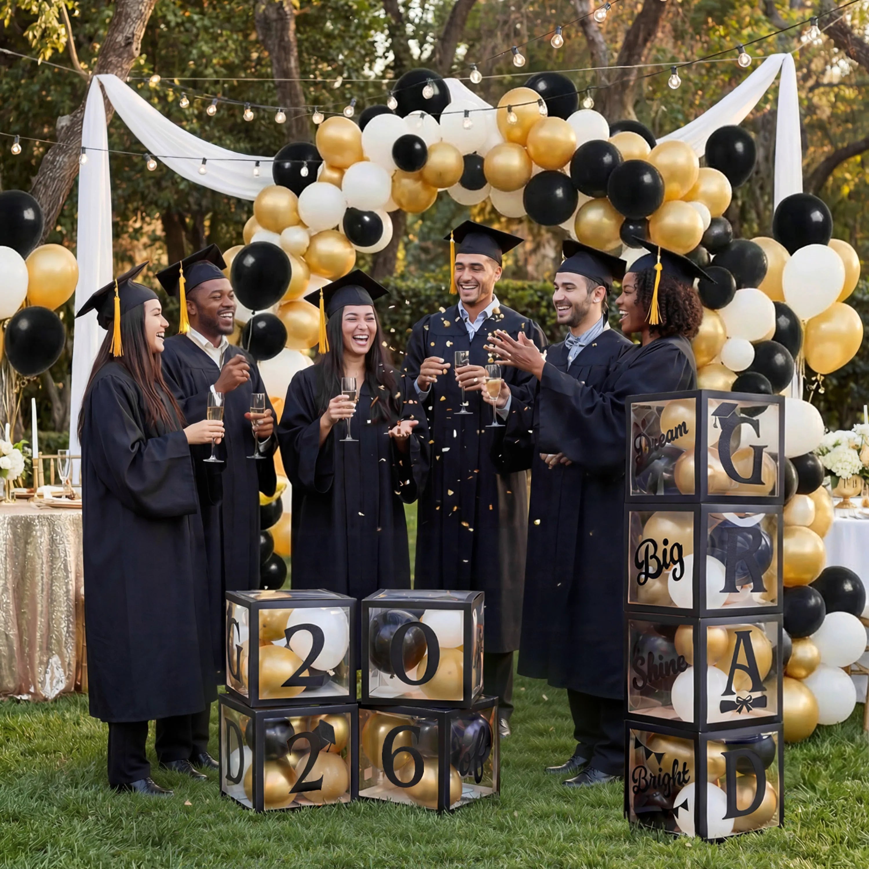 4Pcs Black & Gold 2026 Graduation Balloon Boxes for Graduation Party Decor
