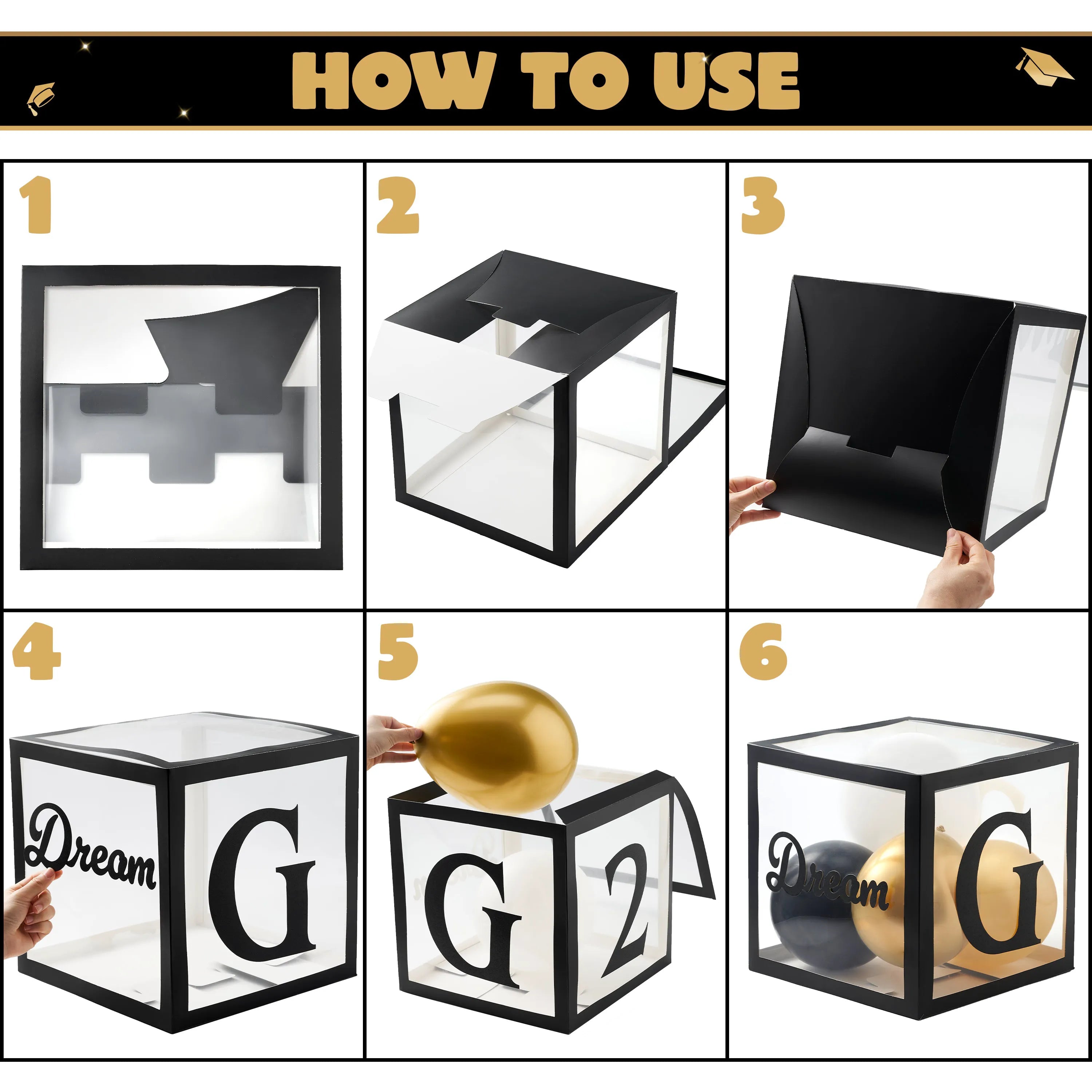 4Pcs Black & Gold 2026 Graduation Balloon Boxes for Graduation Party Decor