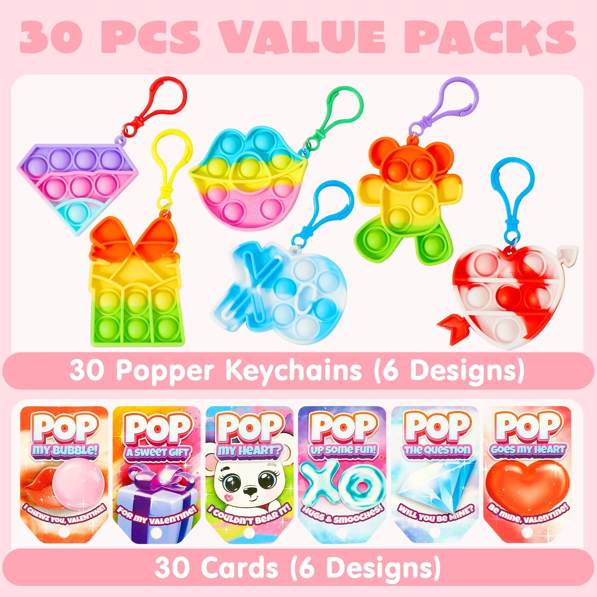 18Pcs Kids Valentines Cards with push bubble Bubble Keychain Toy-Classroom Exchange Gifts