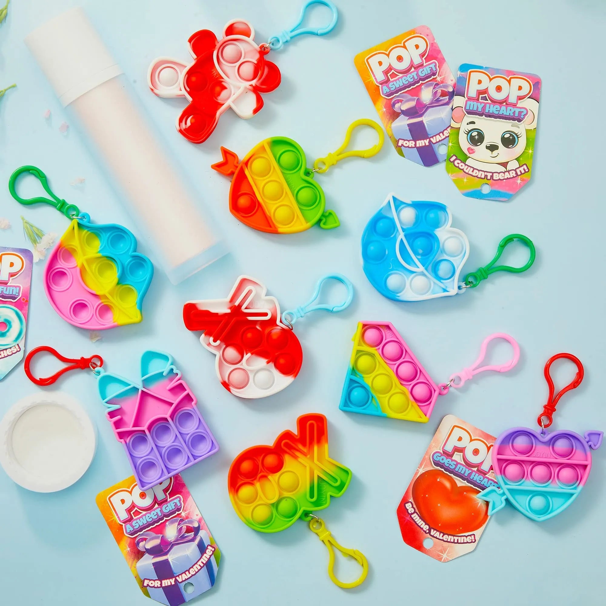 18Pcs Kids Valentines Cards with push bubble Bubble Keychain Toy-Classroom Exchange Gifts