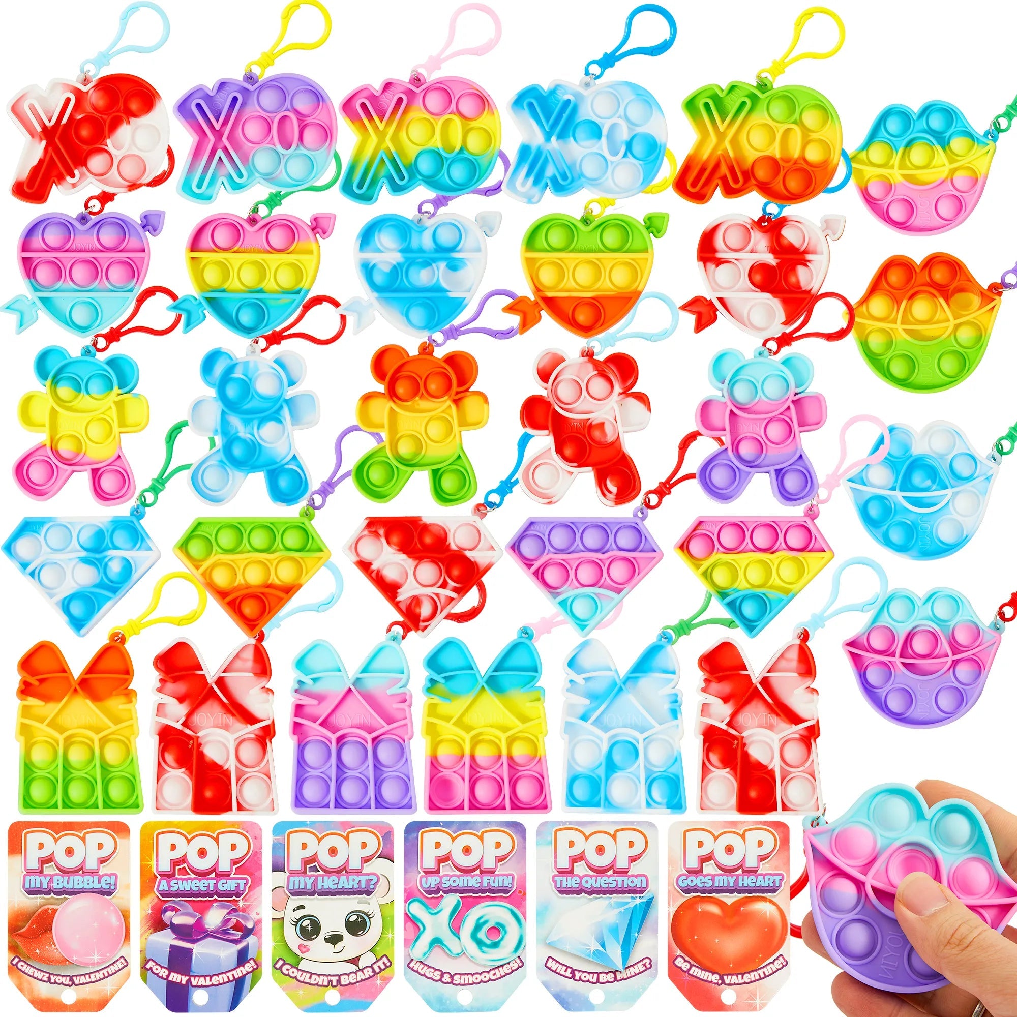 18Pcs Kids Valentines Cards with push bubble Bubble Keychain Toy-Classroom Exchange Gifts