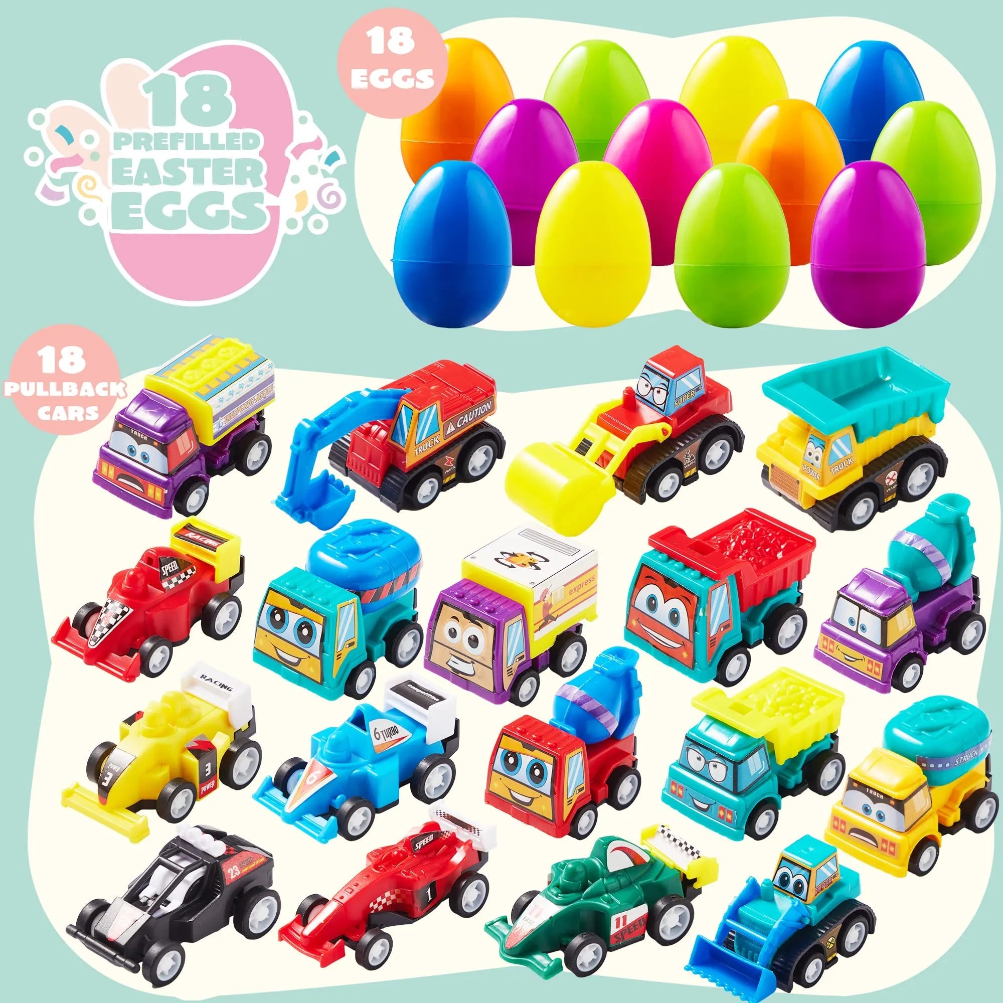 18-Pack Pull Back Cars Prefilled Easter Eggs (3 Inches)
