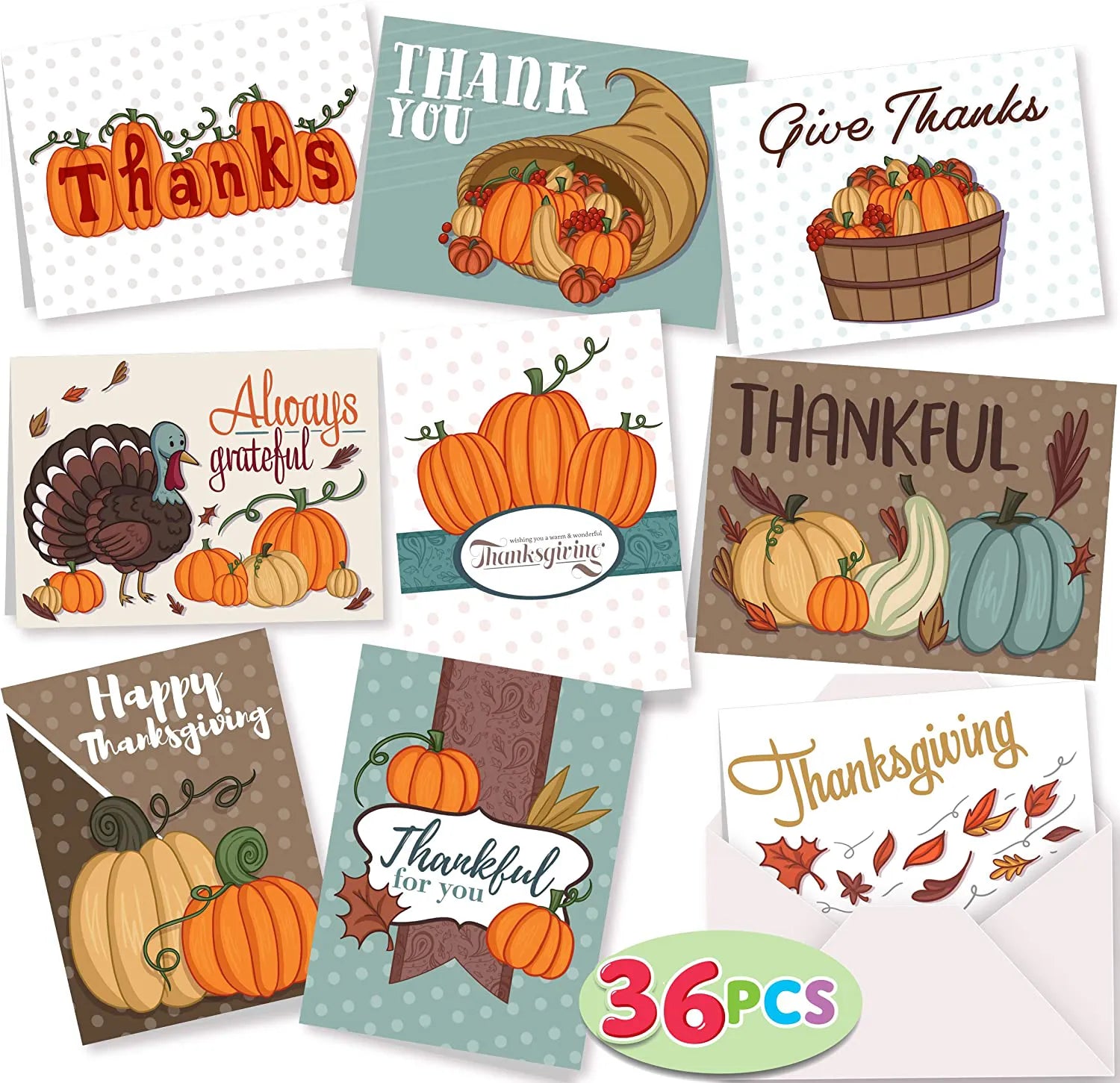 Thanksgiving Pumpkin Greeting Cards, 36 Pack