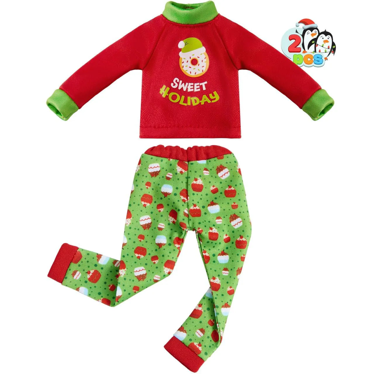 2 Pack Santa Ugly Sweaters for Dolls - Cupcakes & Donuts Themed Naughty Pajamas