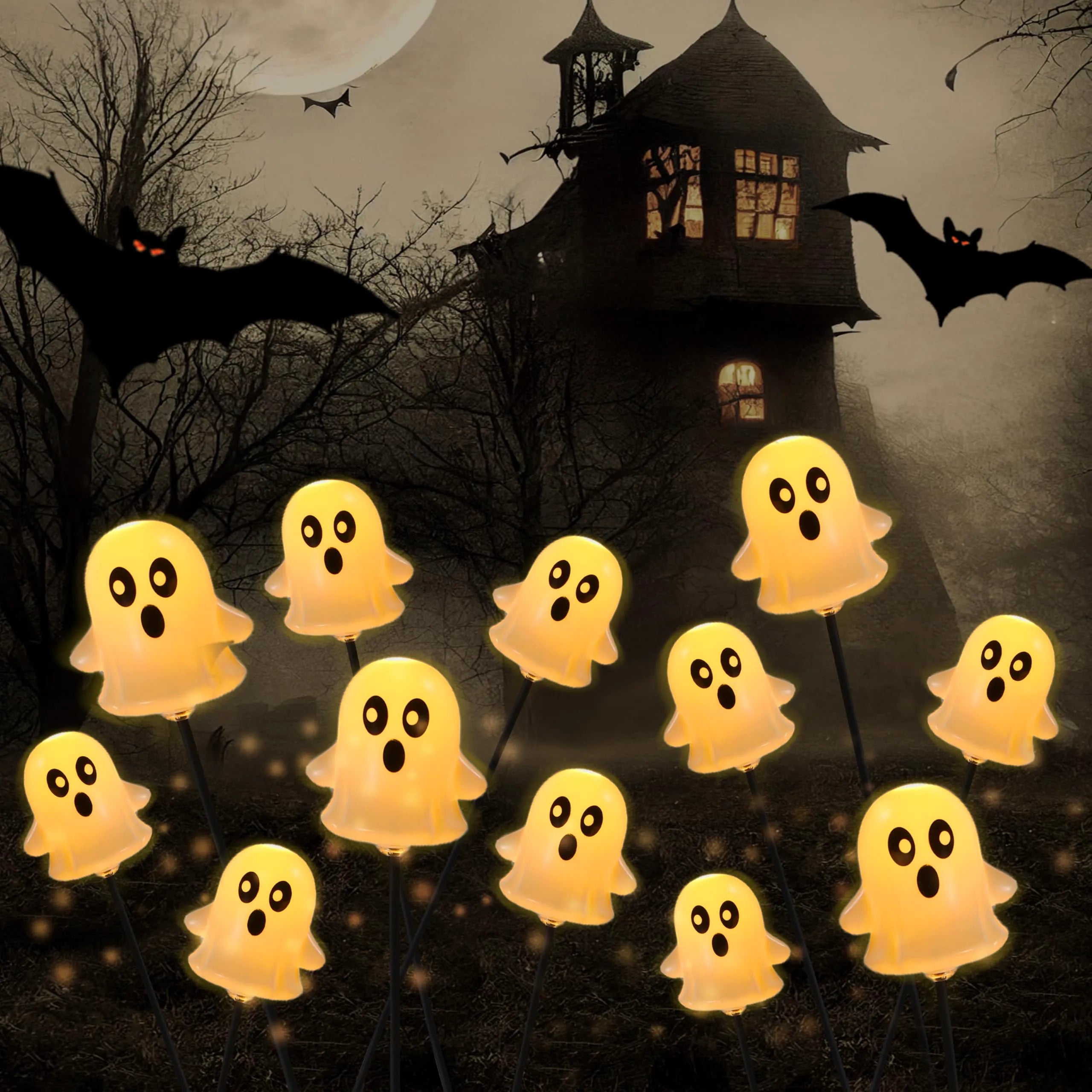 2 Pcs 12LEDs Solar Cute Ghost Lights