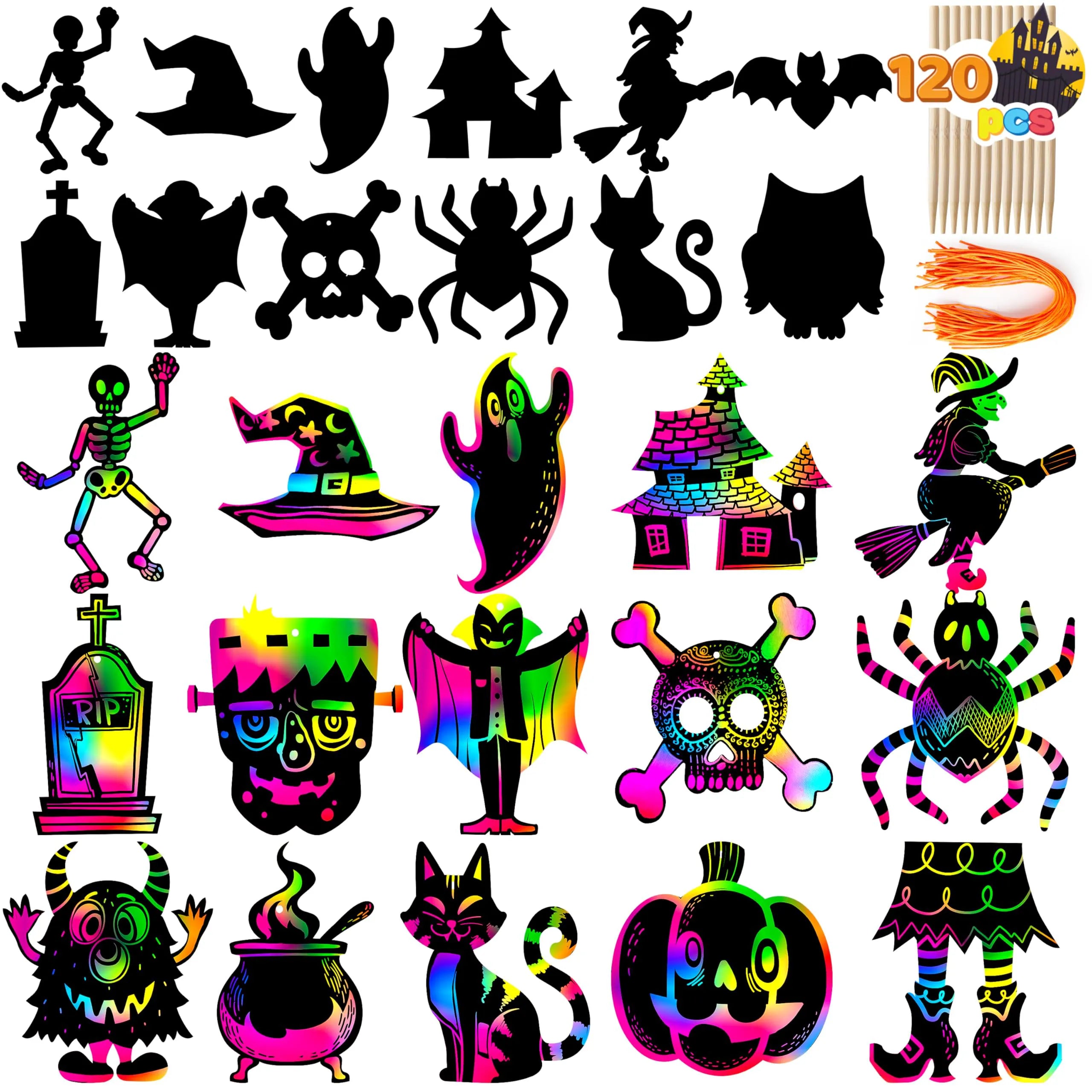 120 Pcs Halloween Rainbow Scratch Art Crafts for Kids