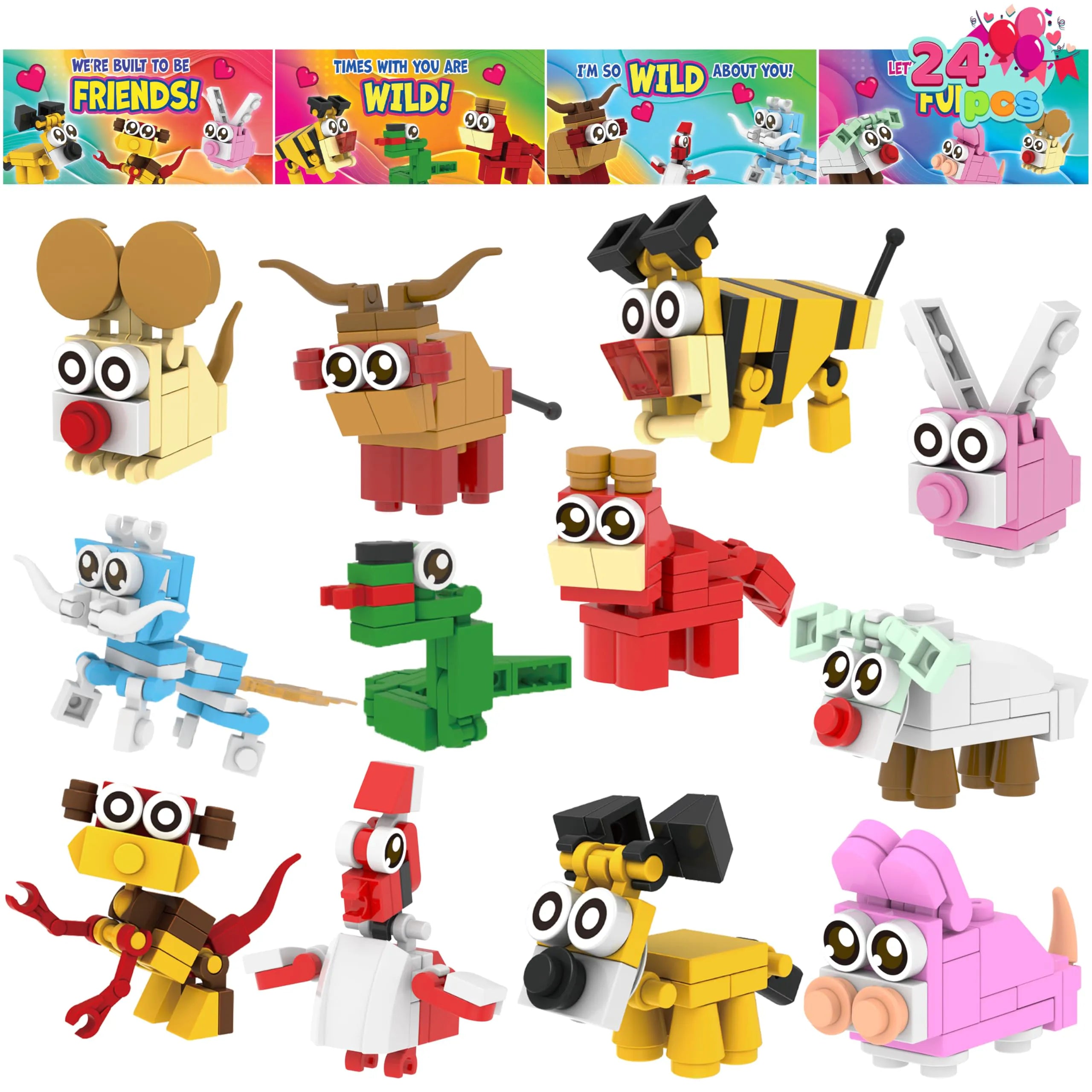 24 Pack Valentine's Day Cards with Animal Building Blocks - Party Favor Toys