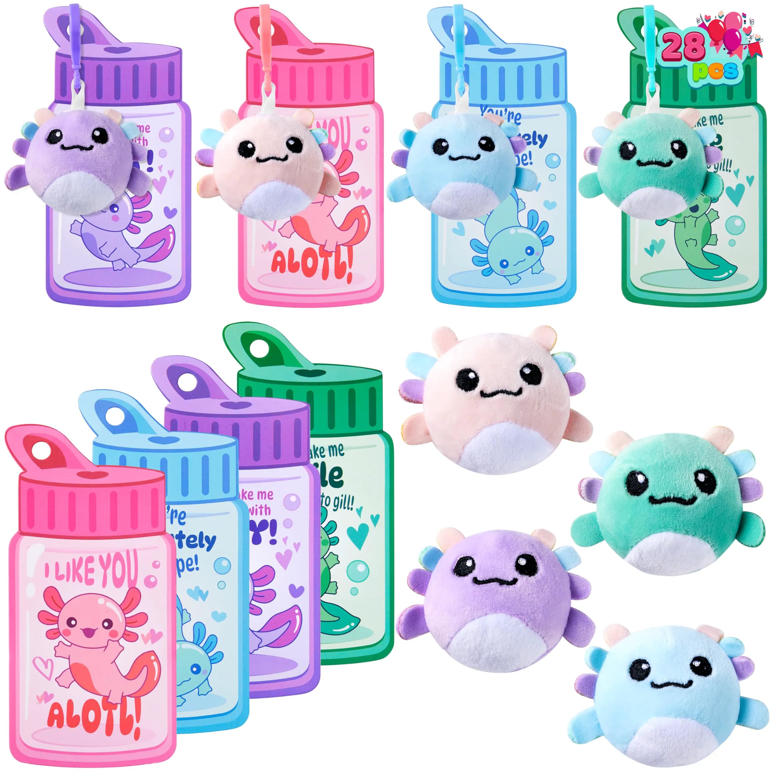 28 Pcs Kids Valentine's Day Cards with Axolotl Plush Toy Keychain