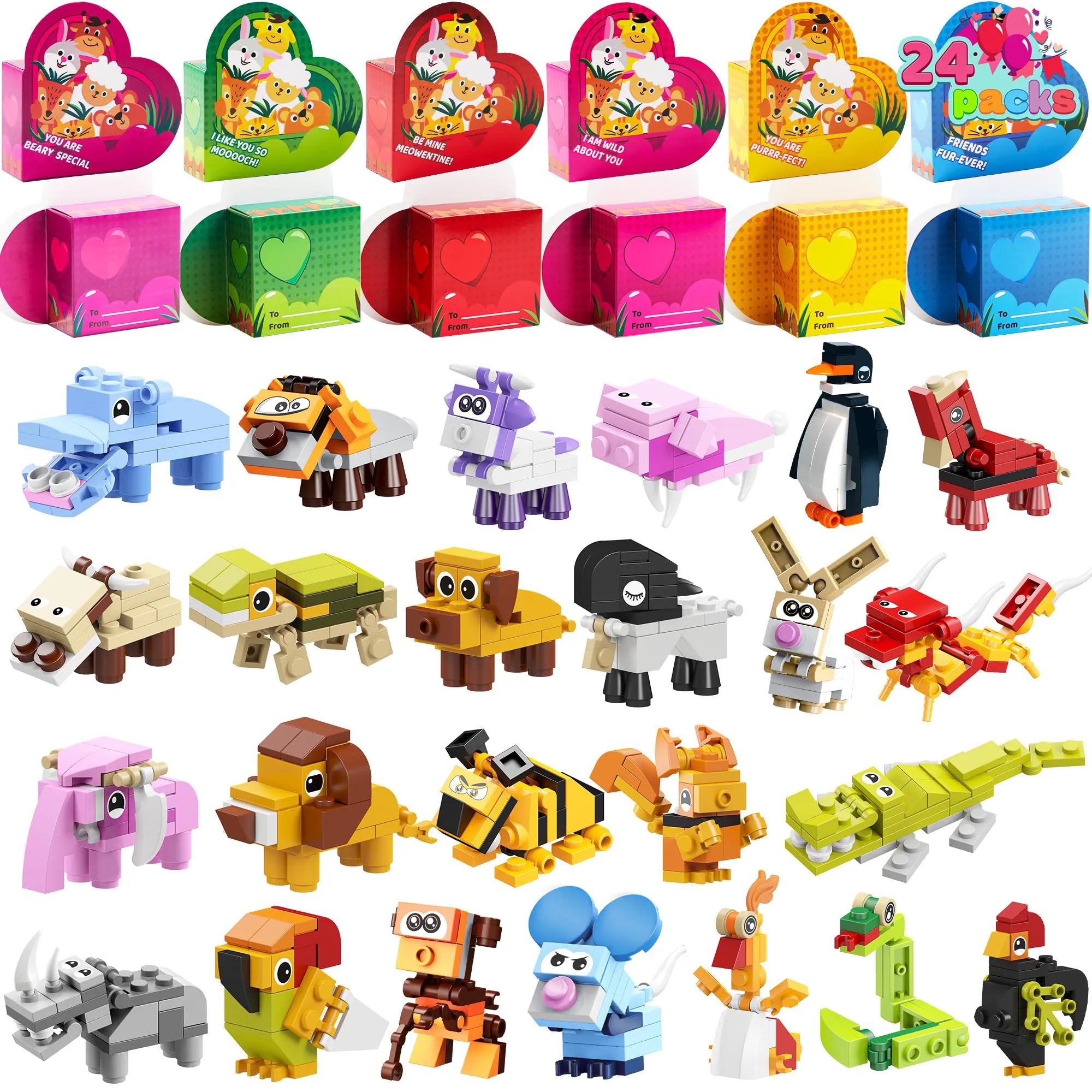 Valentine's Day Animal Building Blocks Heart Boxes with Cards for Kids