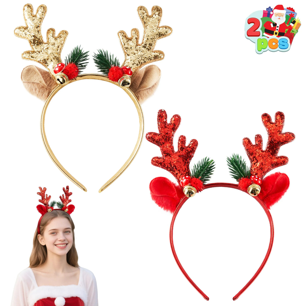 2 Pcs Golden & Red Reindeer Headbands with Glitter