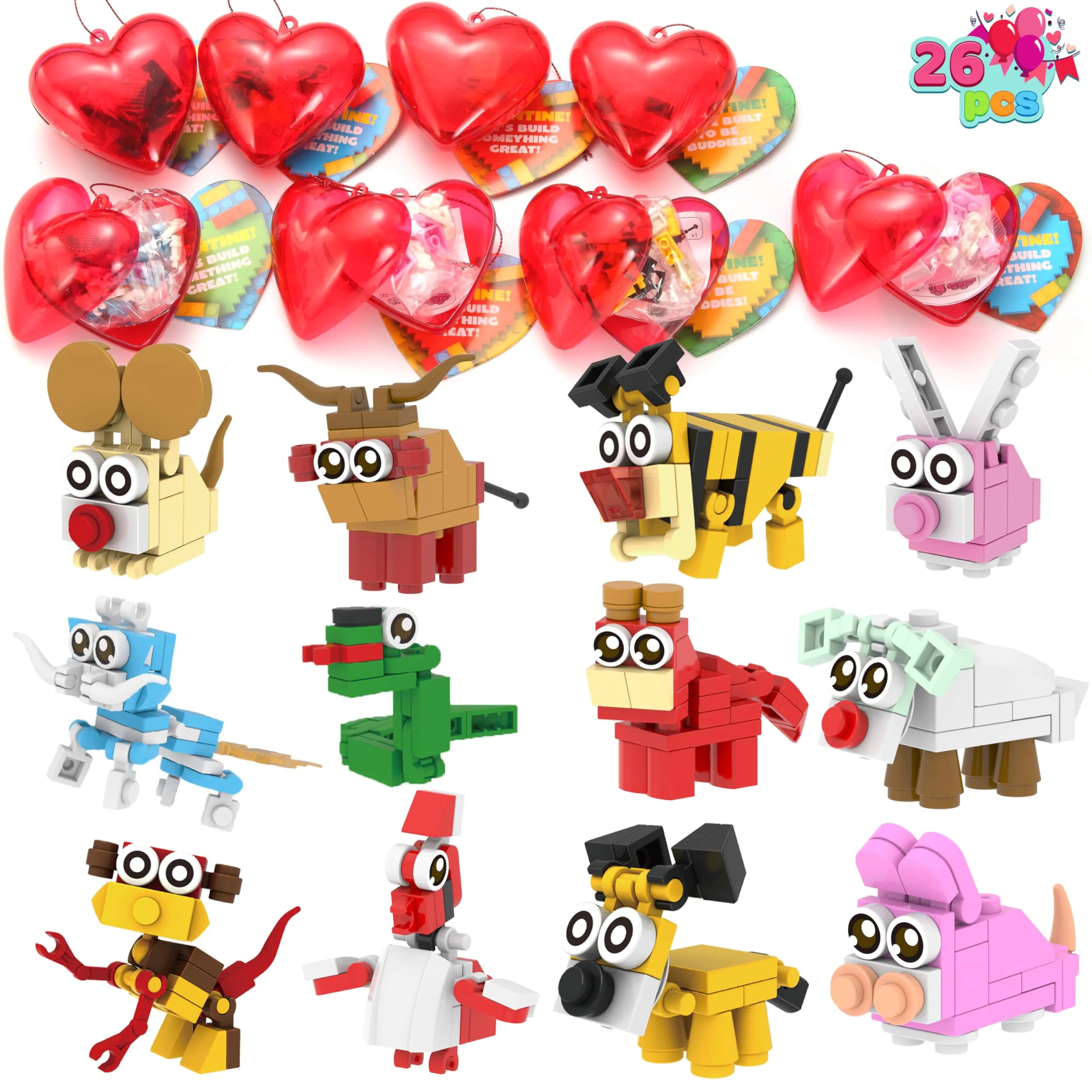 26 Building Blocks Animals with Prefilled Hearts and Kids Valentine's Cards