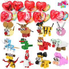 26 Building Blocks Animals with Prefilled Hearts and Kids Valentine's Cards