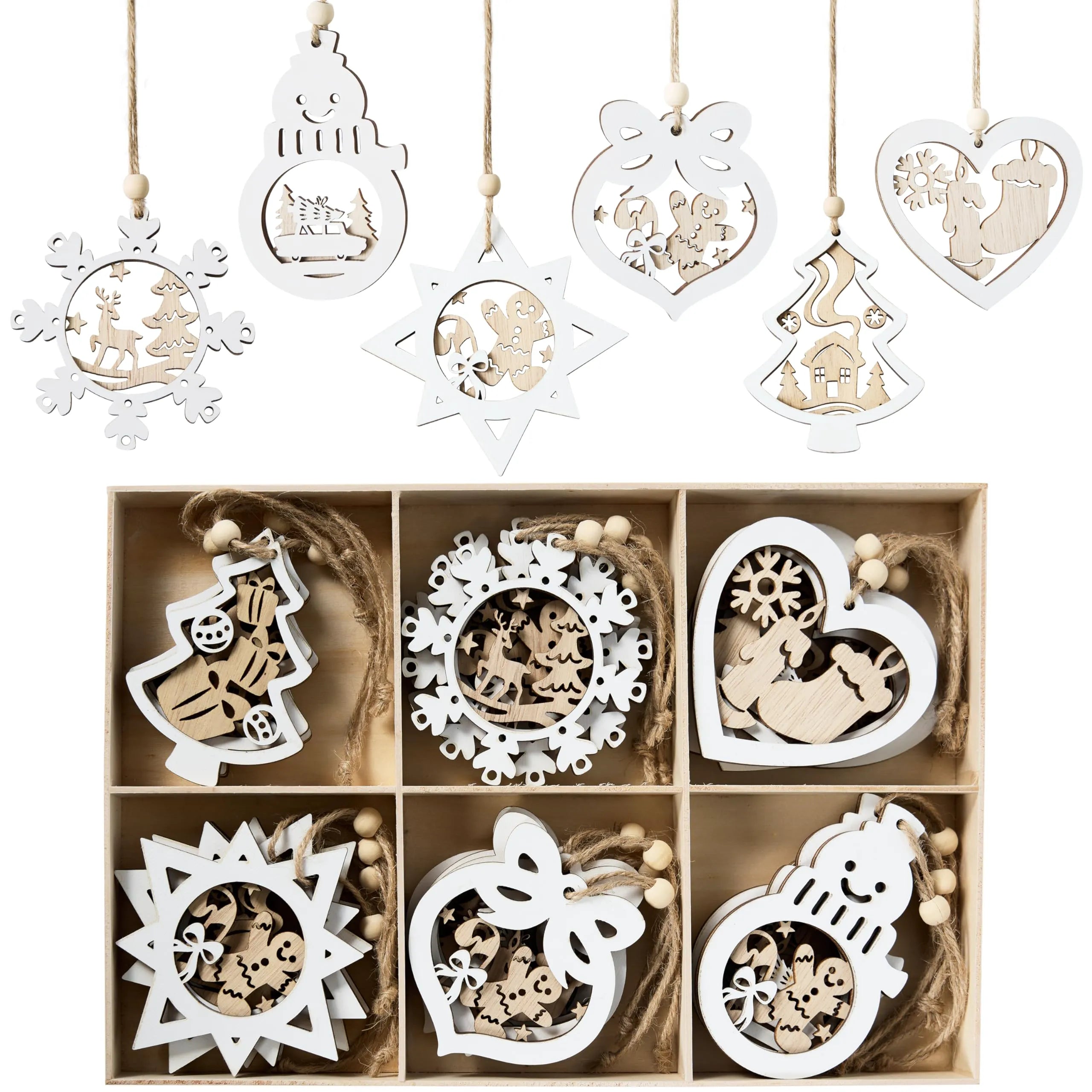 24 Pcs Christmas Wooden Carved Hanging Ornaments for Holiday Decor