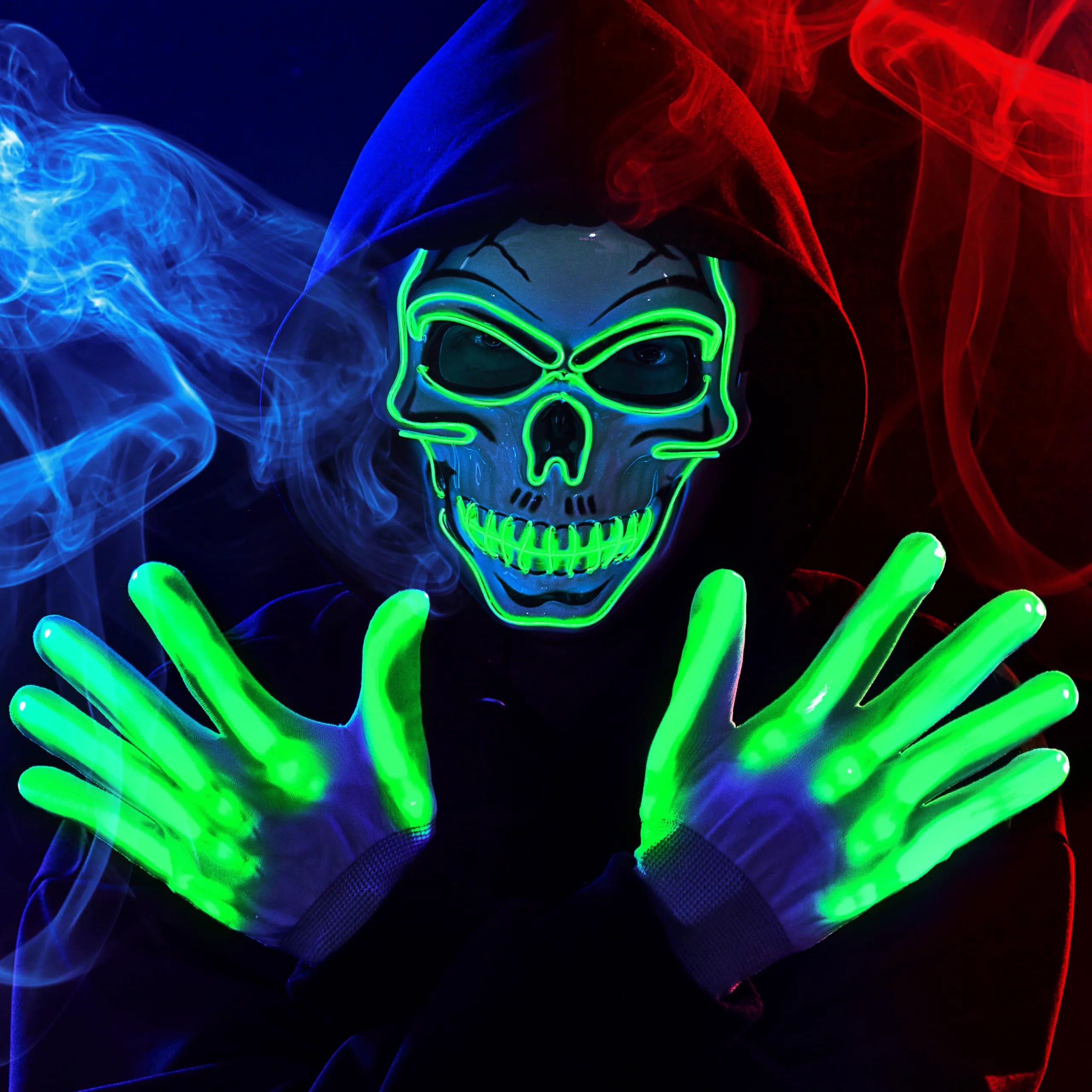 Green Halloween LED Skull Mask with Light-Up Gloves
