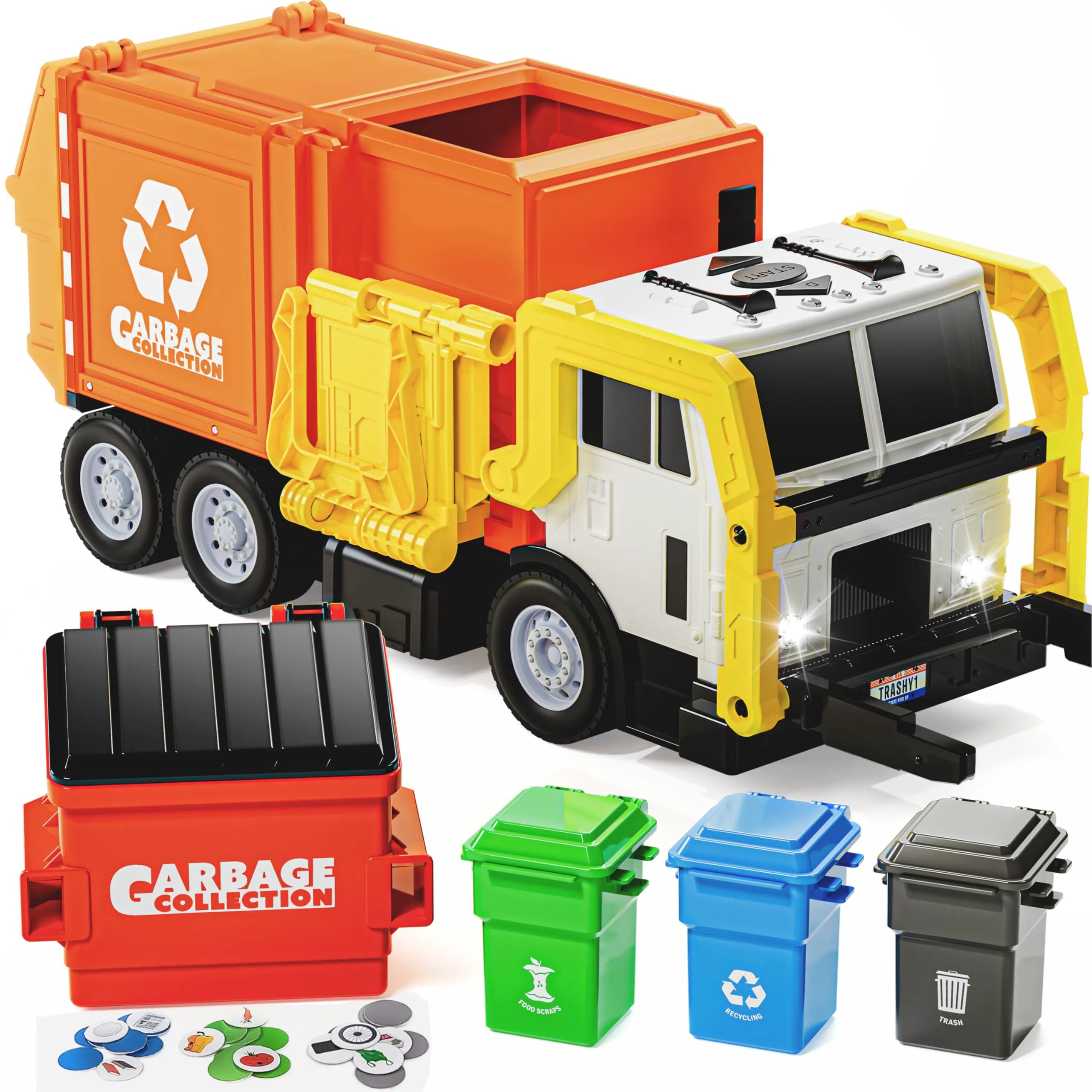 Large Friction Powered Garbage Truck Toy Set - Orange