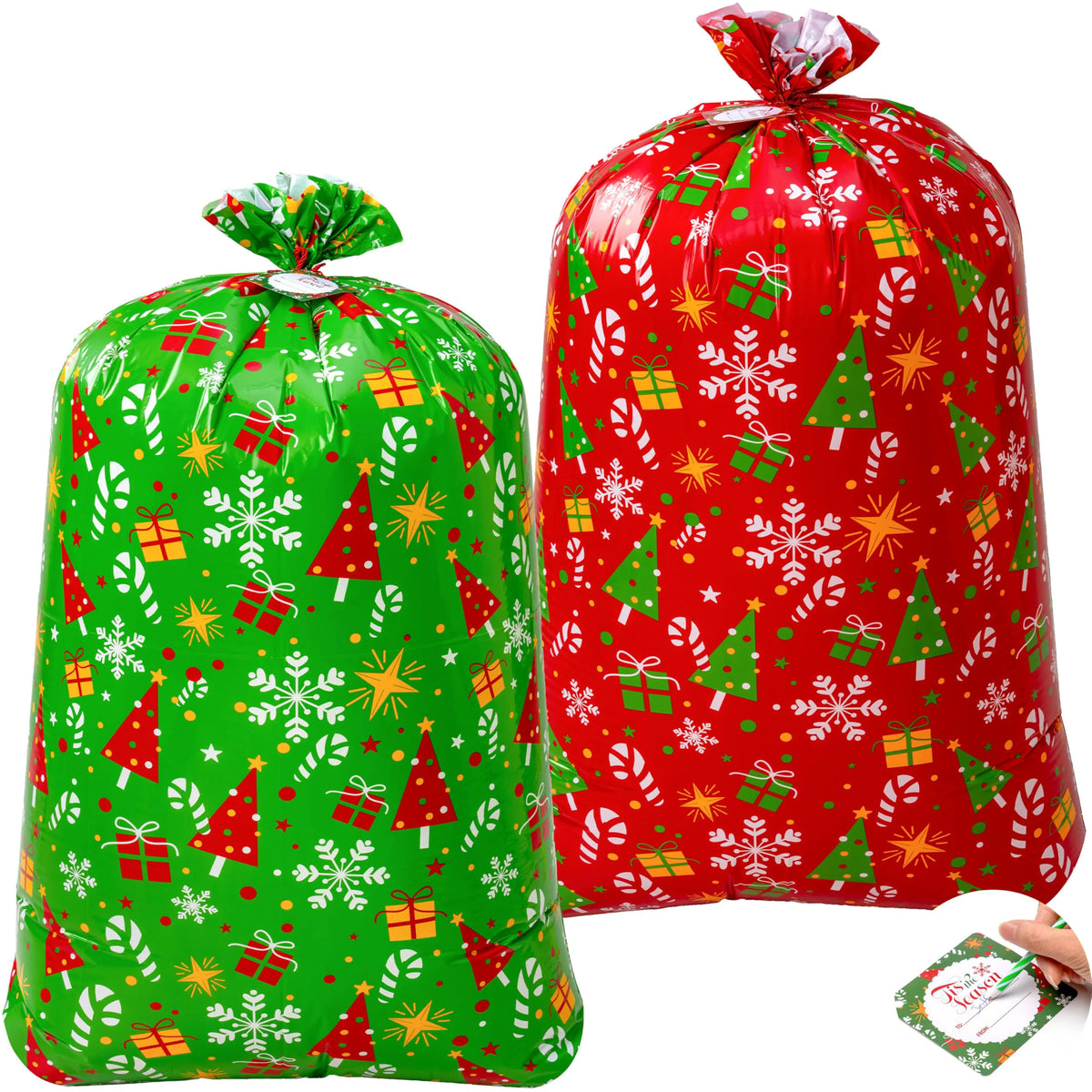 2-Pack Large Red & Green Christmas Holiday Plastic Gift Bags