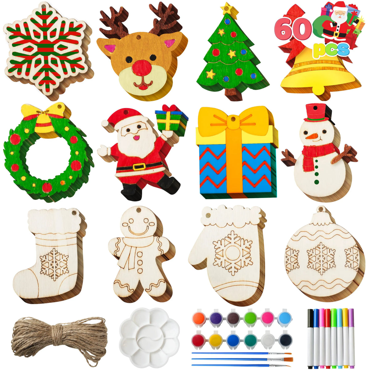 60-Piece Christmas Wooden Hanging Ornaments Craft Kit