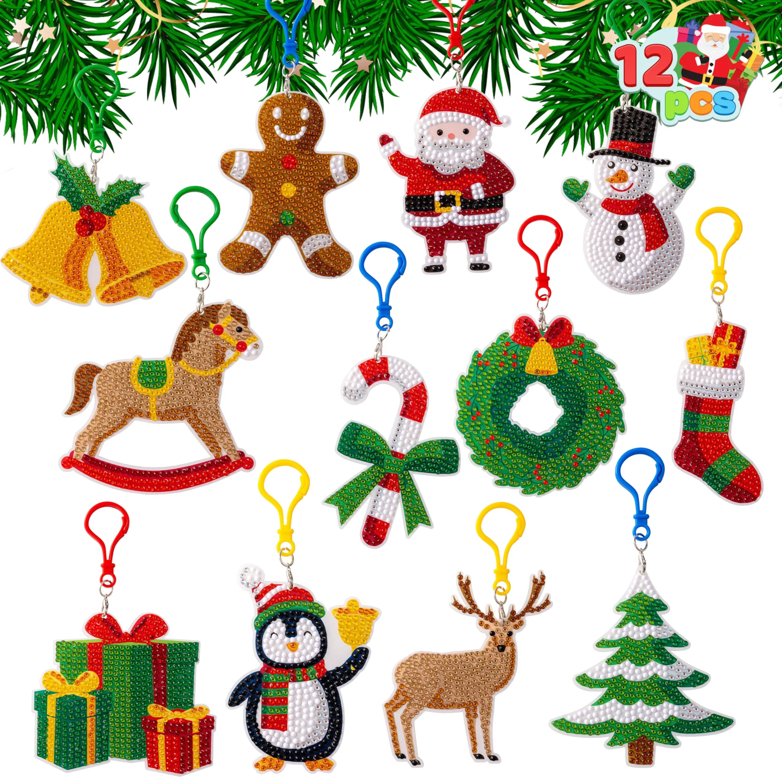 12 Pcs Christmas Diamond Art Ornaments Kit, 5D DIY Craft with Keychains for Kids