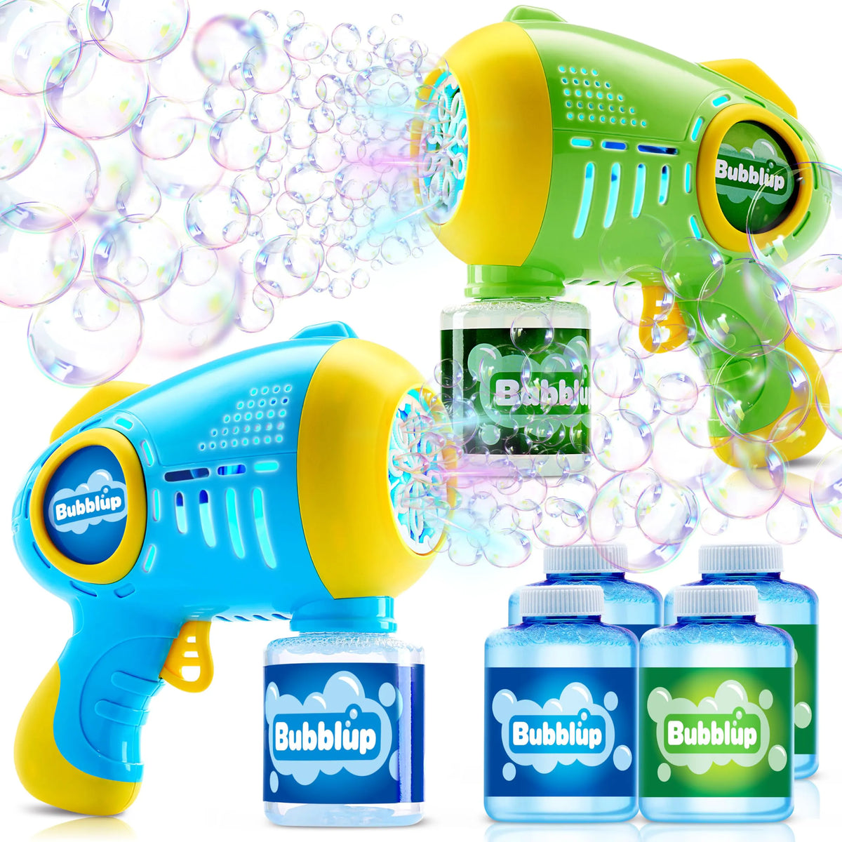 2Pcs 10 Holes Light Up Automatic Bubble Guns with 4 Bottles Bubble Refill Solution