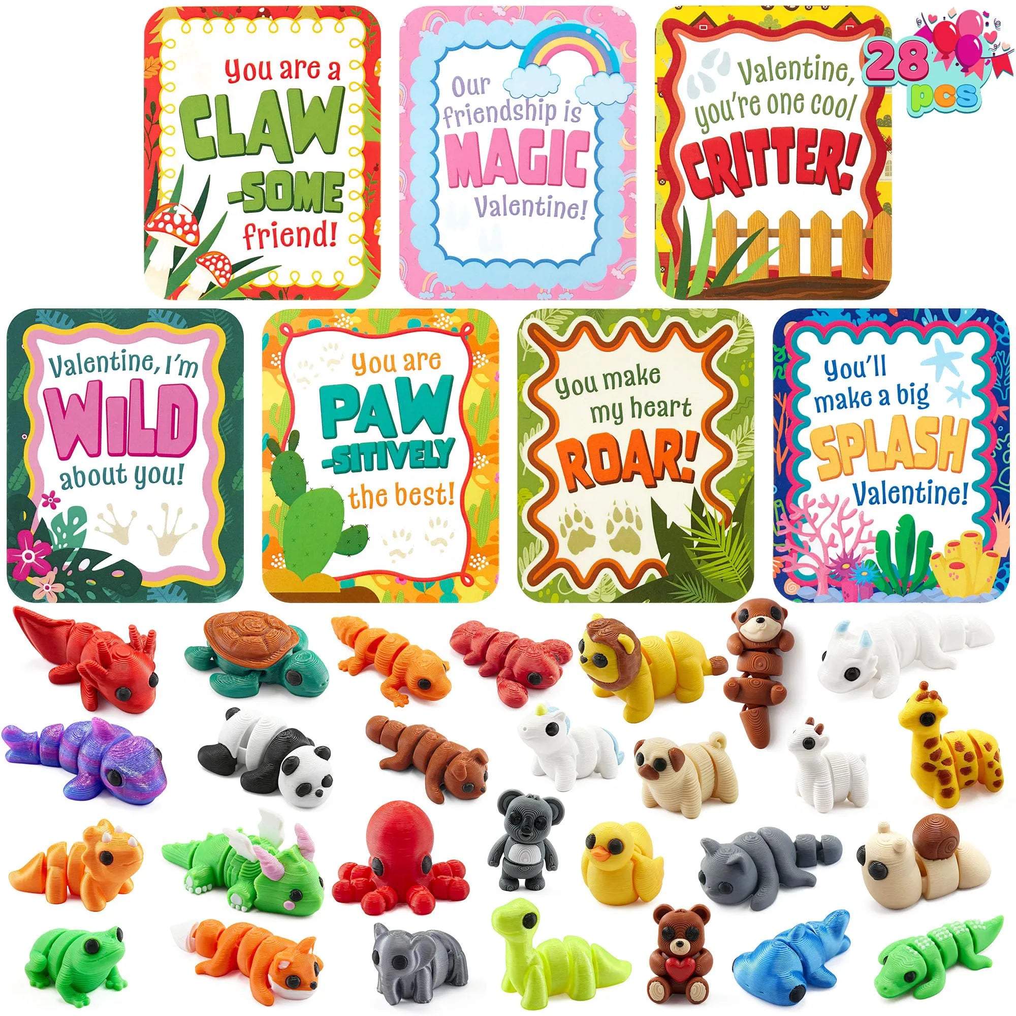 28-Piece 3D Printed Mini Animal Set with Valentine's Day Cards for Kids