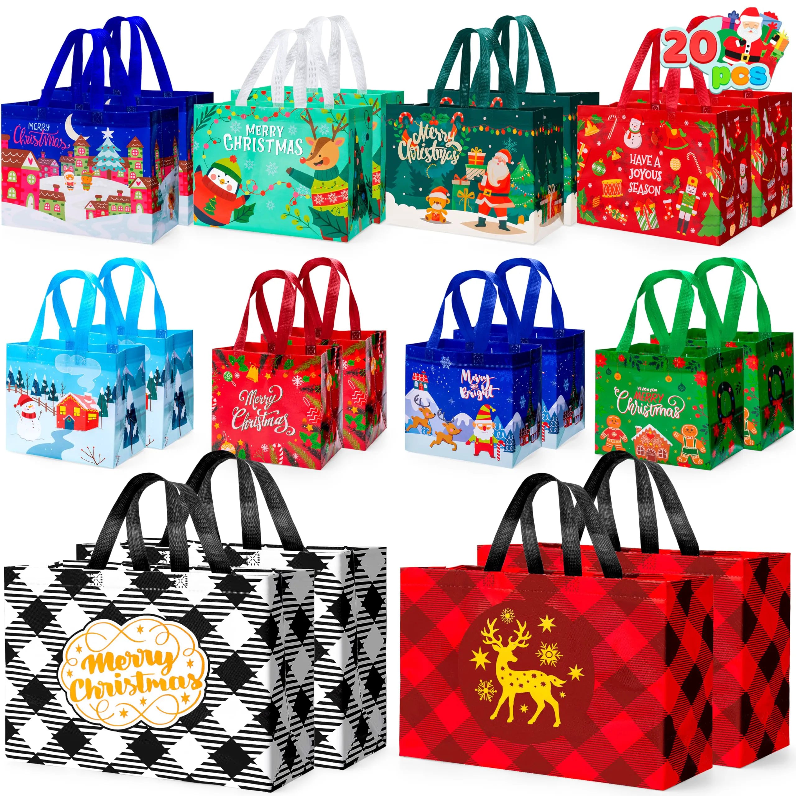 20 PCS Christmas Reusable Gift Bags, Assorted Sizes with Handles