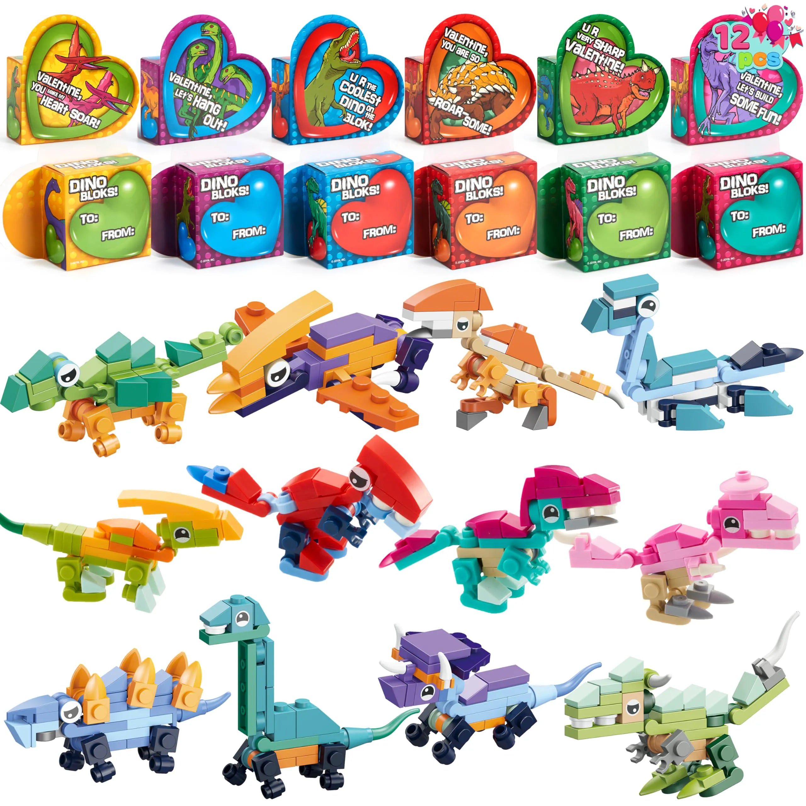 12 Packs Valentine's Dinosaur Building Blocks Toys with Heart Boxes for Party Favors