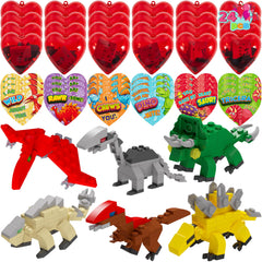24 Pack Valentine's Day Cards with Dinosaur Building Blocks and Filled Hearts for Party Favors