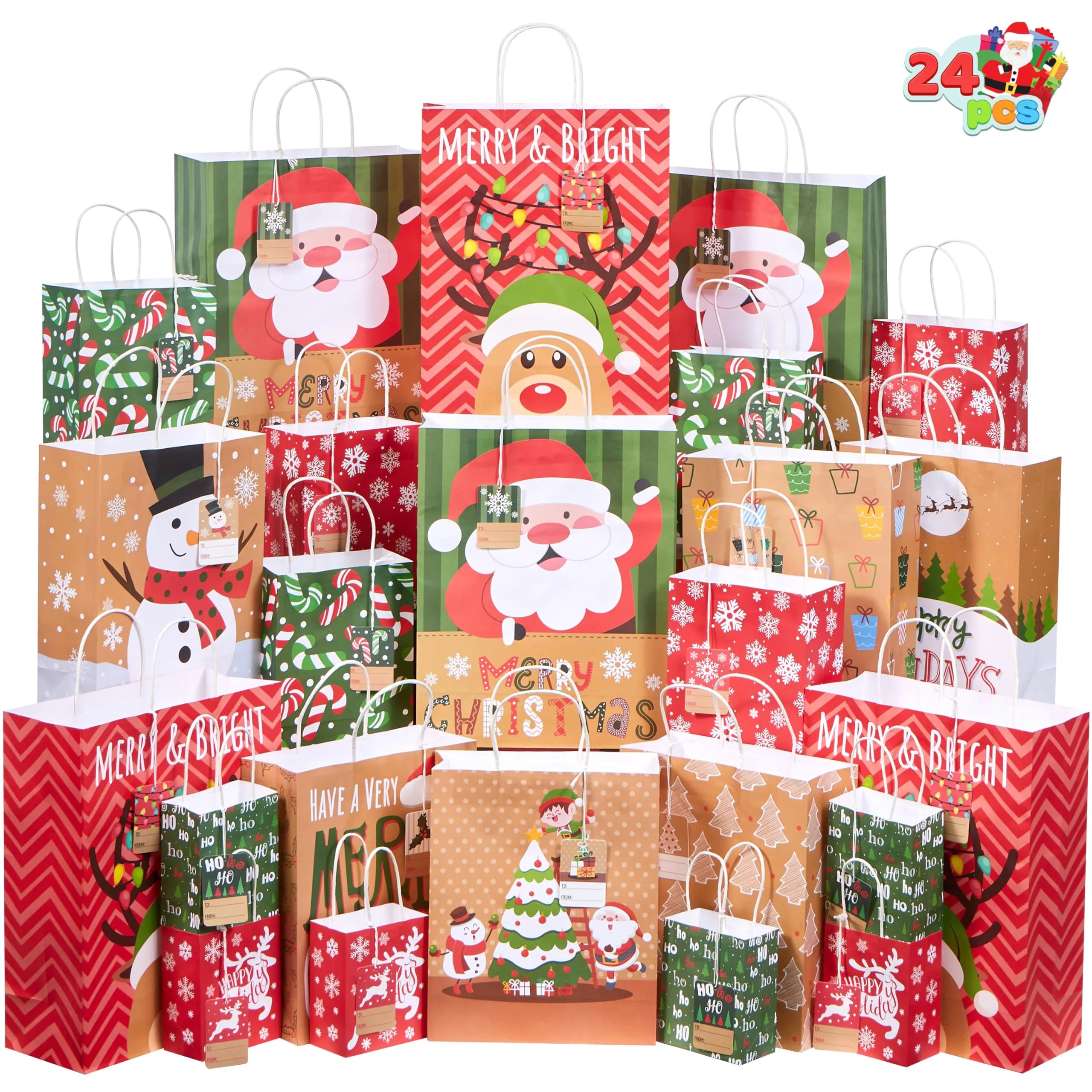24 Pack Christmas White Kraft Gift Bags