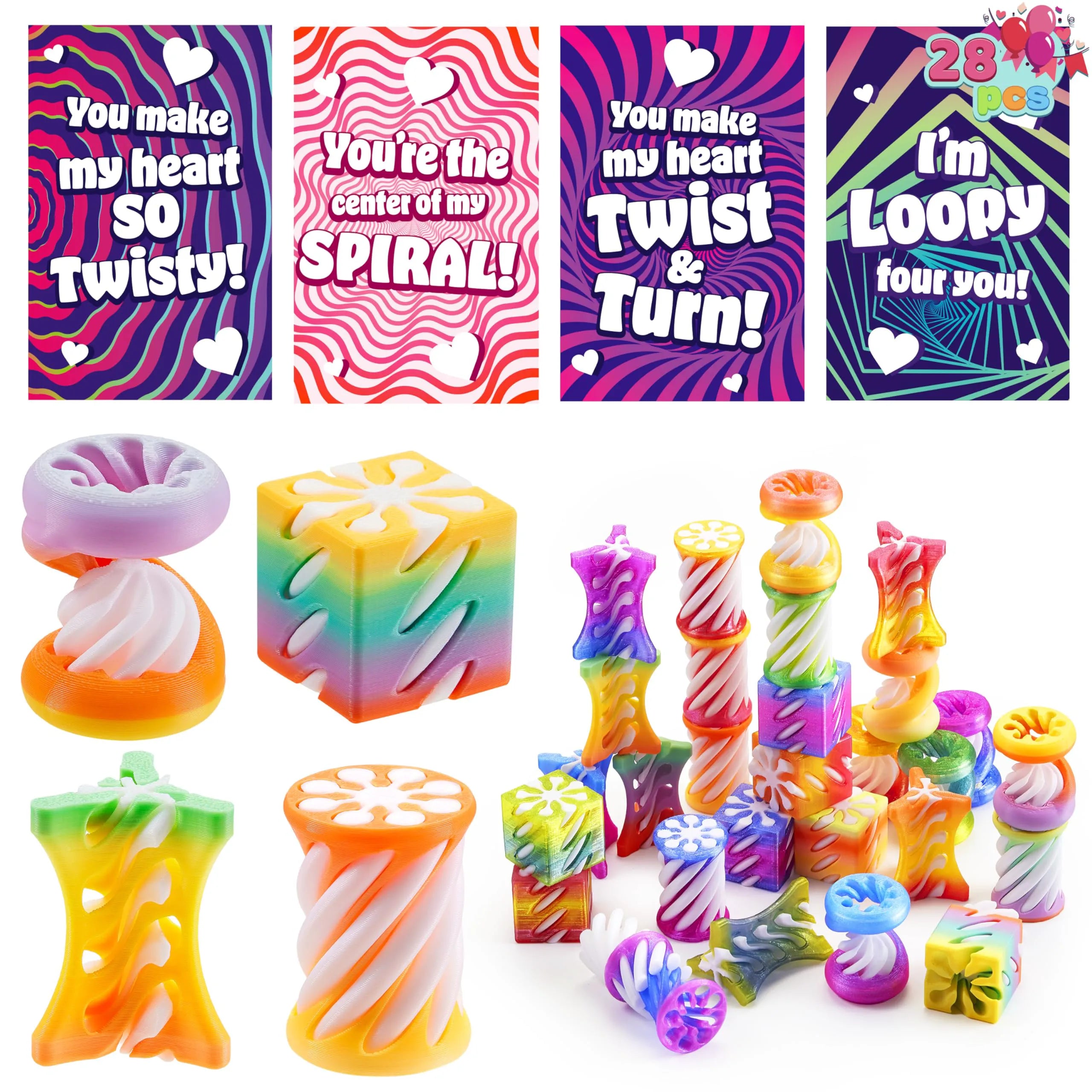 28-Piece Valentine's Day Gift Set: Impossible Spiral Cone Fidget Toys with Valentine Cards
