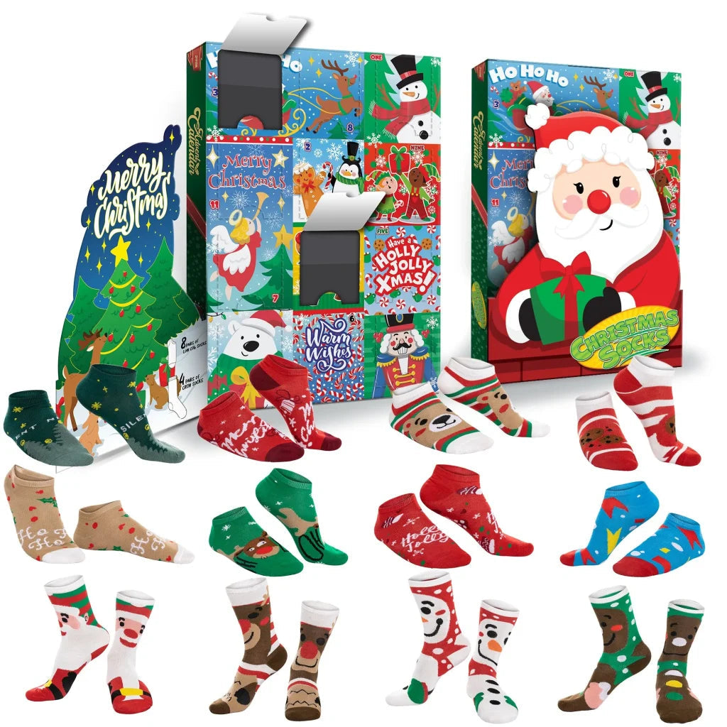 12 Days of Socks Advent Calendar - 12 Pairs (Santa, Snowman, Reindeer, Gingerbread Man)