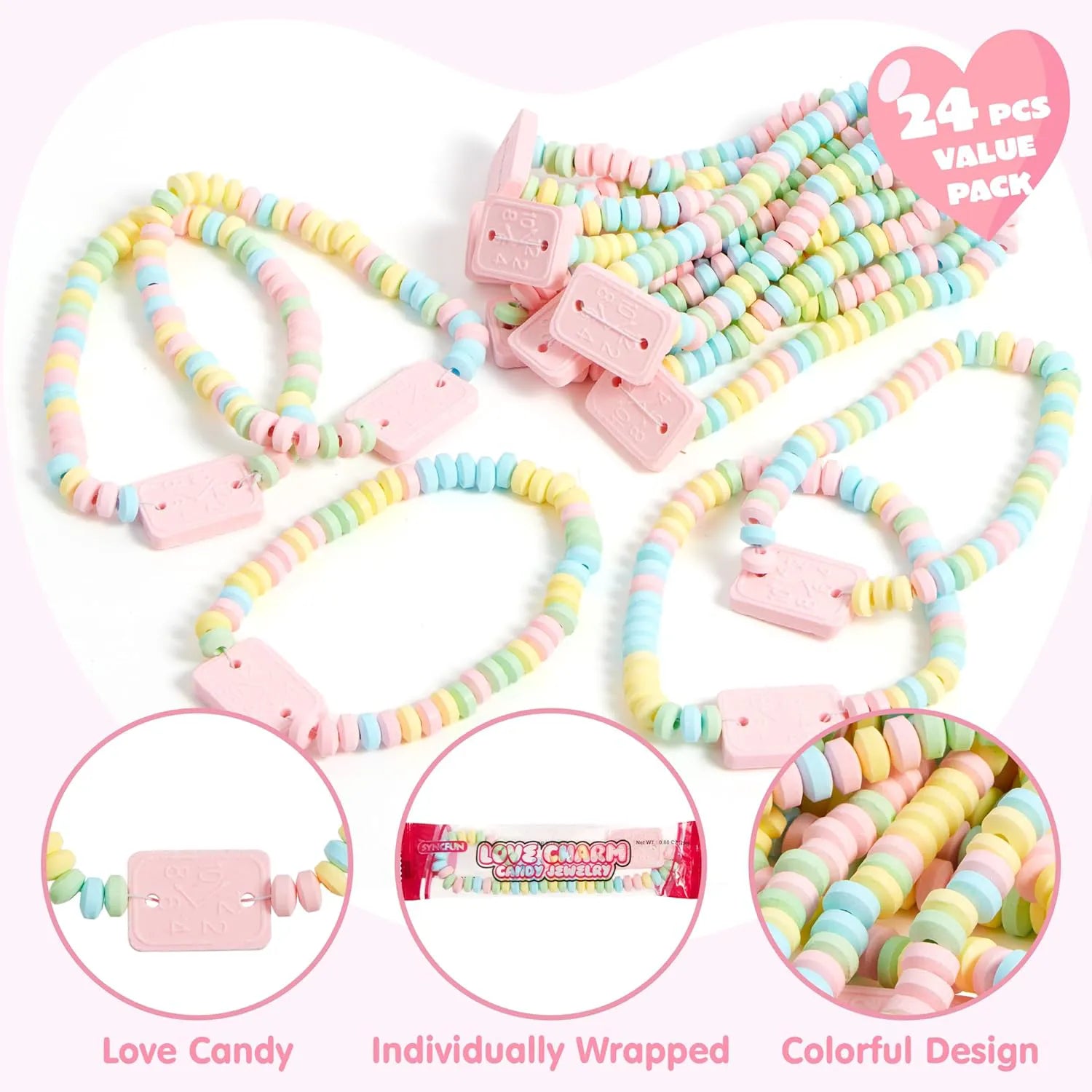 24PCS Valentine's Day Bracelet Candy, Individually Wrapped Color Snacks for Kids