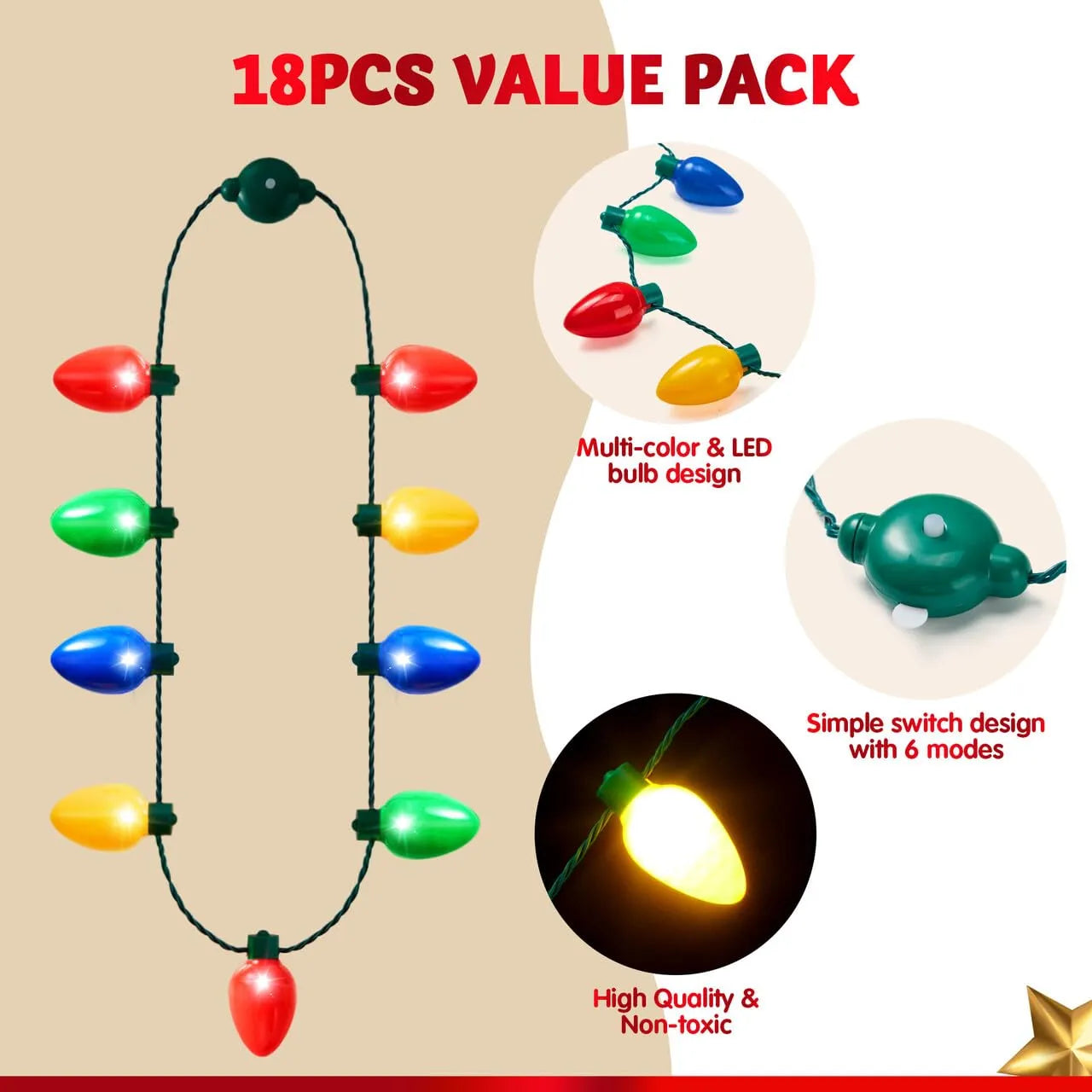 24-Pack Christmas 9 LED Light-Up Bulb Necklaces Costume Accessories