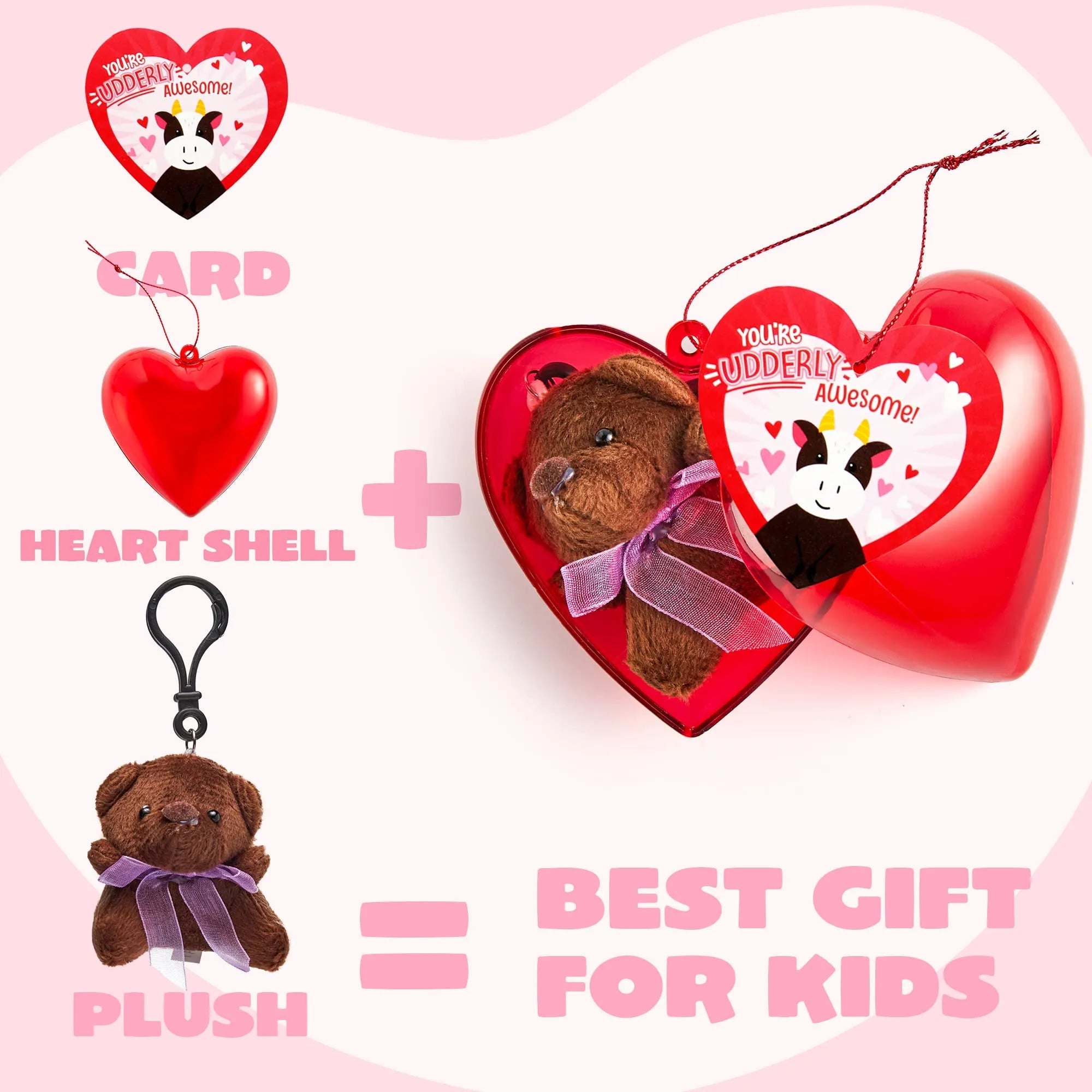 24 Animal Plush Toy Keychains in Heart Box with Valentine's Day Cards for Kids Classroom Exchange Gifts