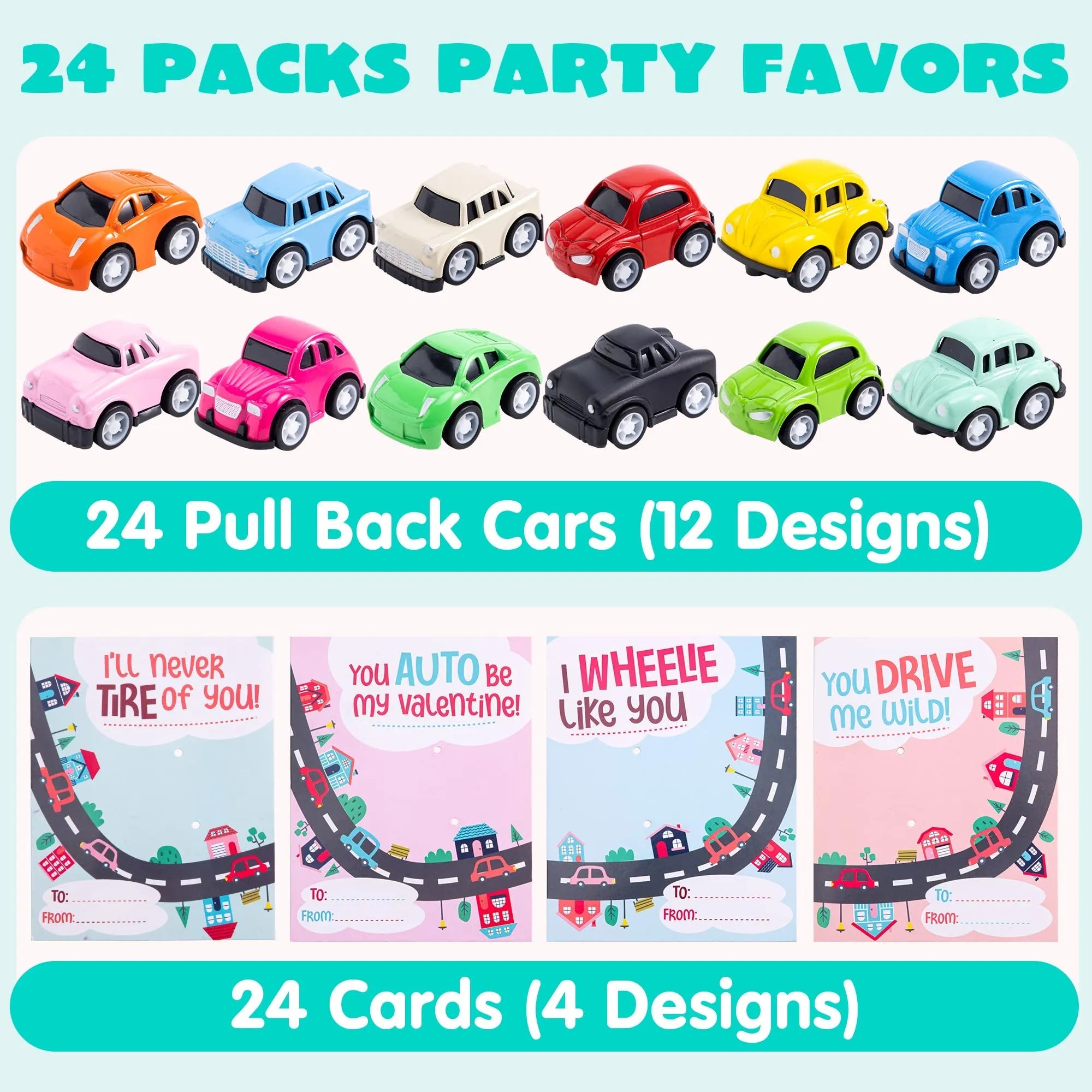 24Pcs Kids Valentine's Cards with Pull Back Car Toys - Classroom Exchange Gifts