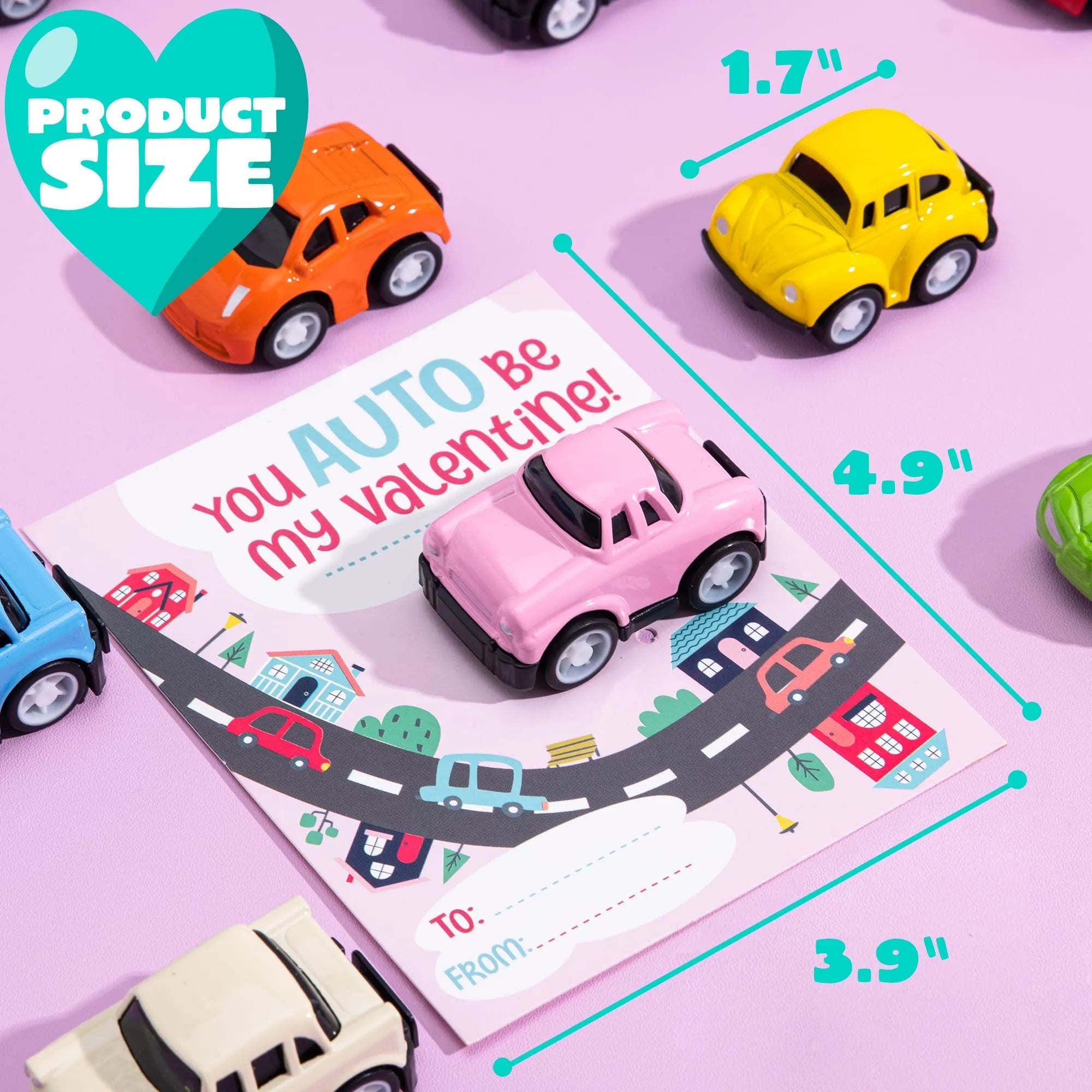 24Pcs Kids Valentine's Cards with Pull Back Car Toys - Classroom Exchange Gifts