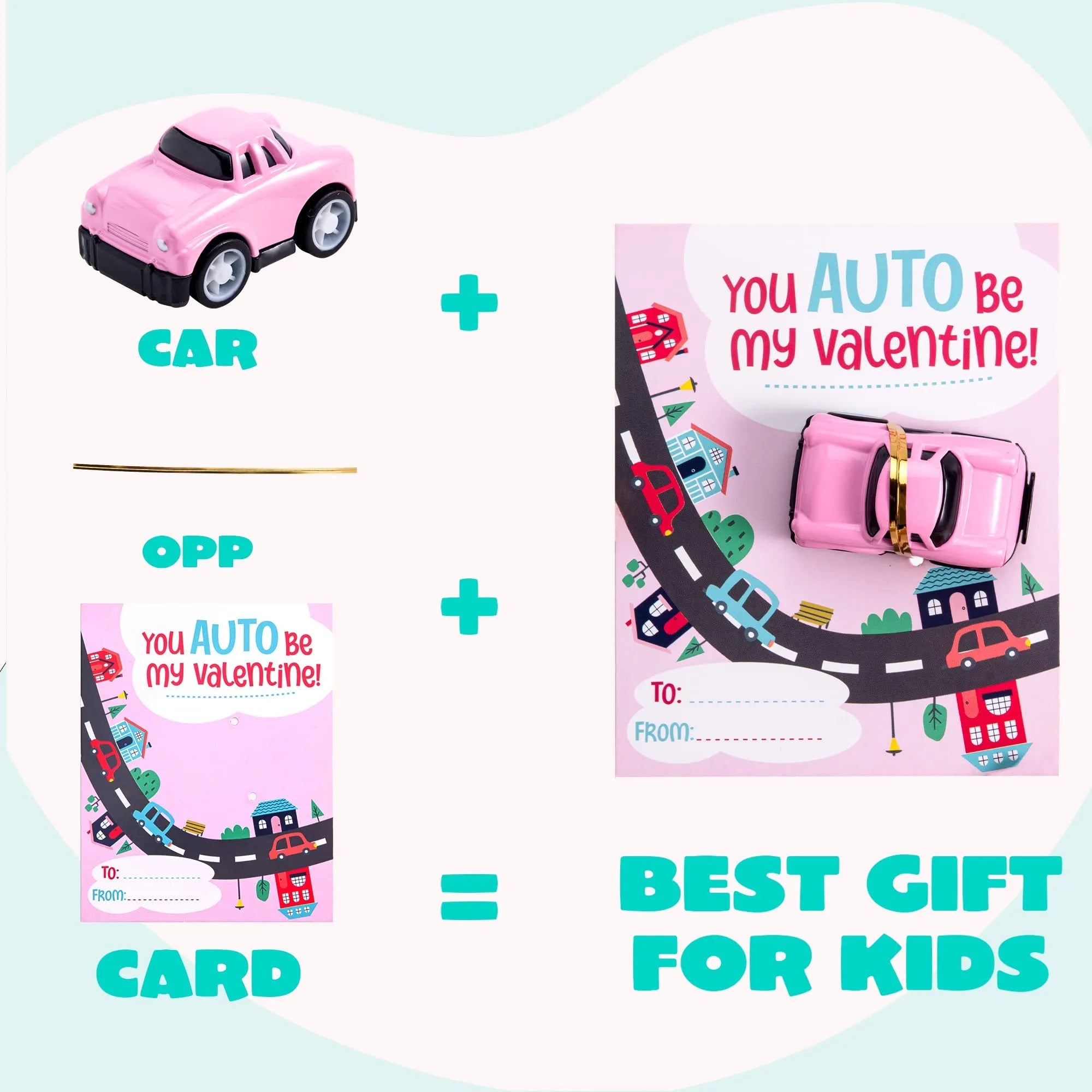 24Pcs Kids Valentine's Cards with Pull Back Car Toys - Classroom Exchange Gifts