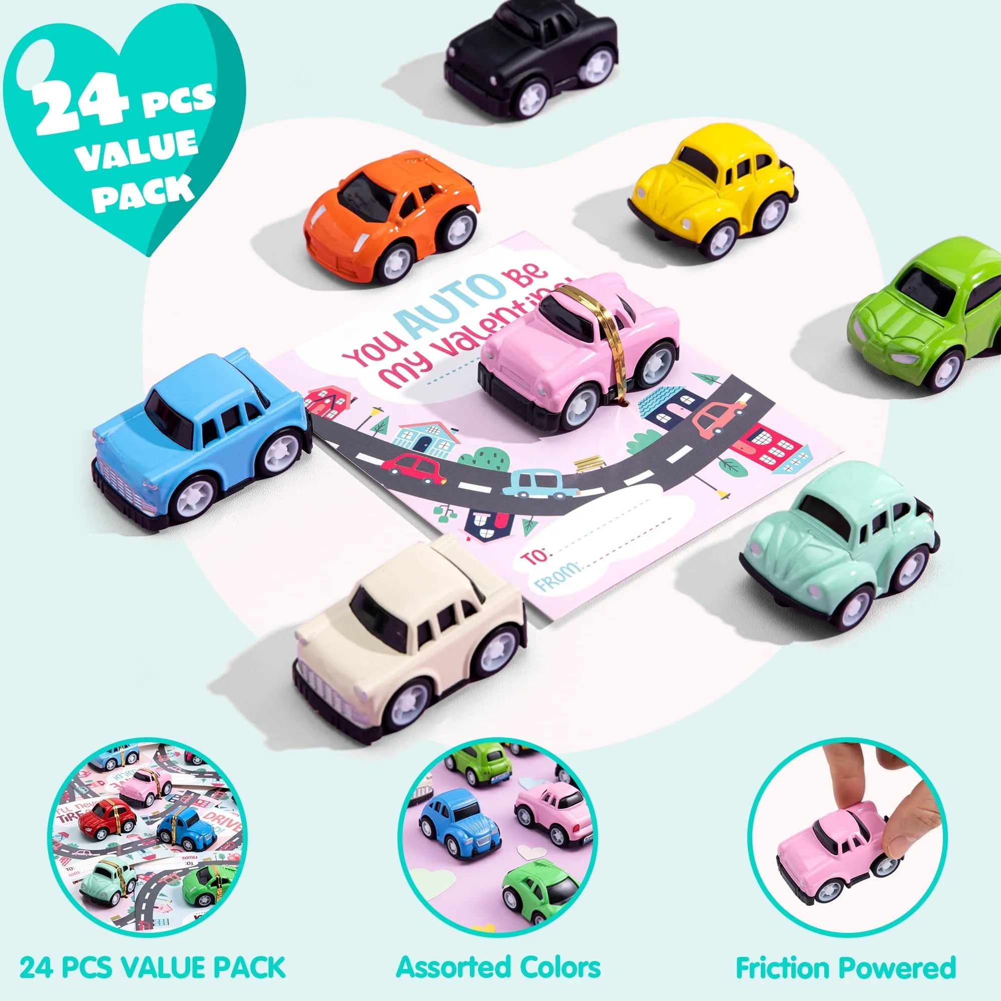 24Pcs Kids Valentine's Cards with Pull Back Car Toys - Classroom Exchange Gifts