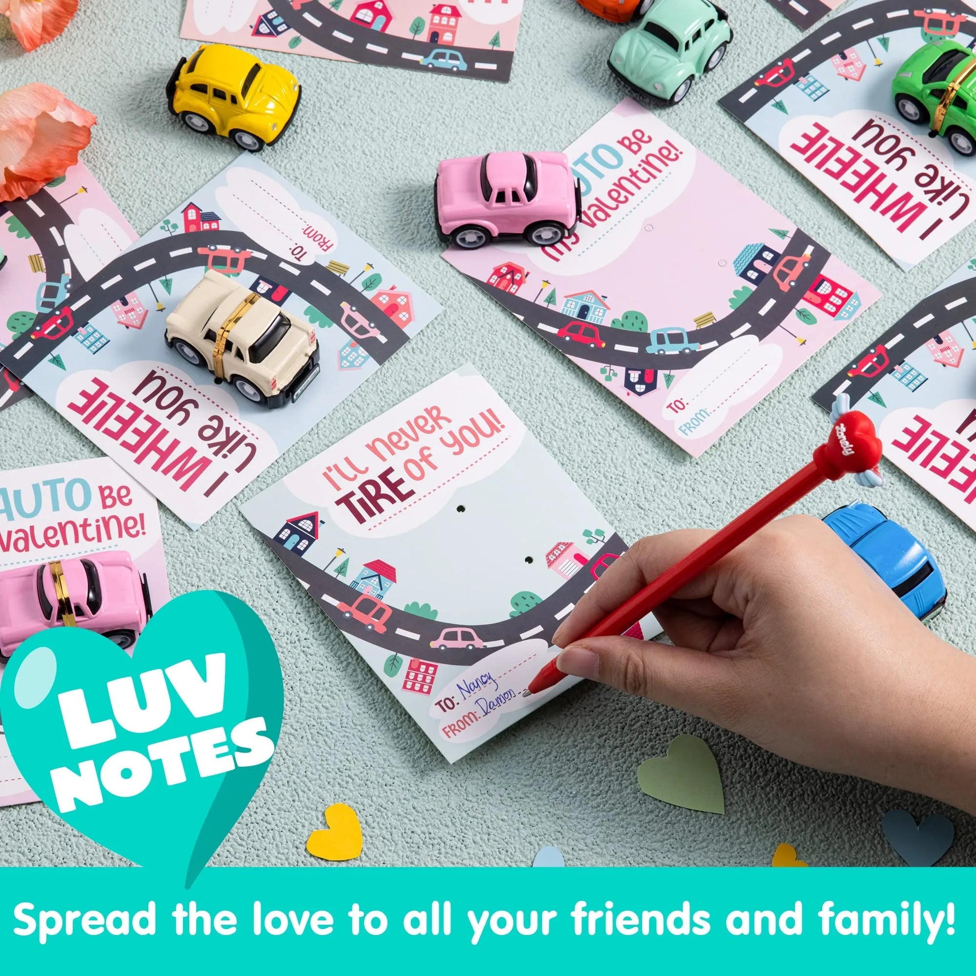 24Pcs Kids Valentine's Cards with Pull Back Car Toys - Classroom Exchange Gifts