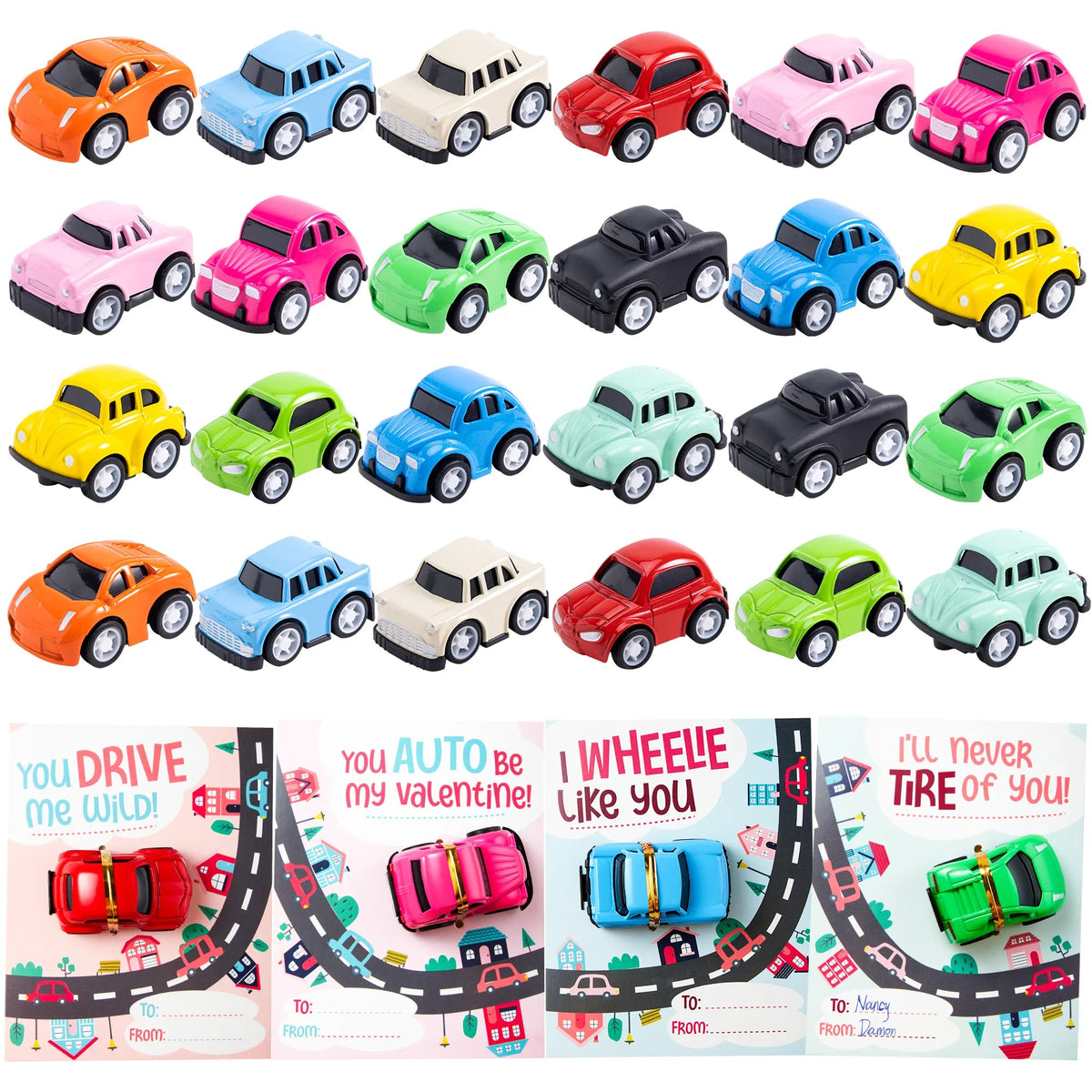 24Pcs Kids Valentine's Cards with Pull Back Car Toys - Classroom Exchange Gifts