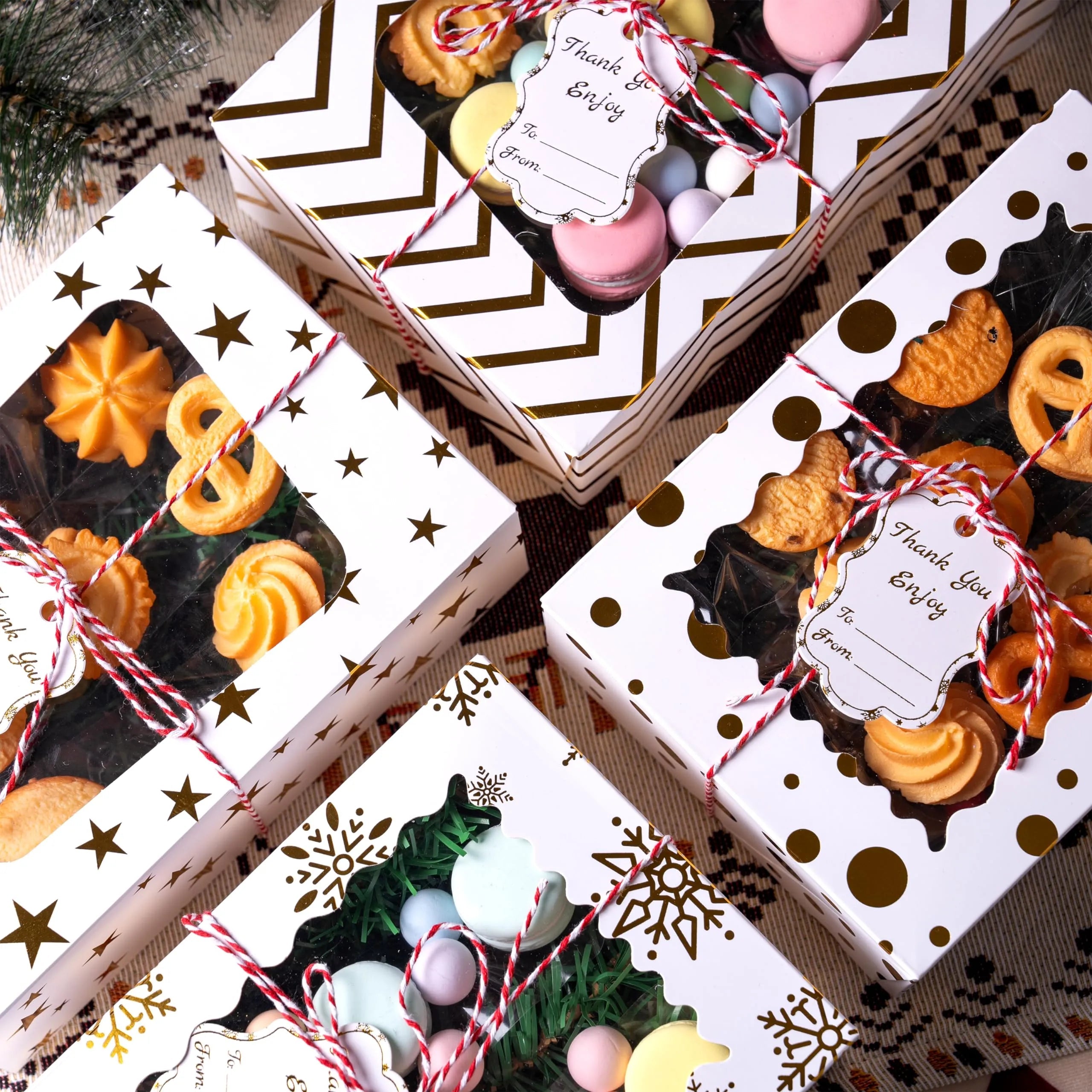 24 Pcs Gold Foil Christmas Cookie Boxes with Windows, 9" x 6.2" x 3"