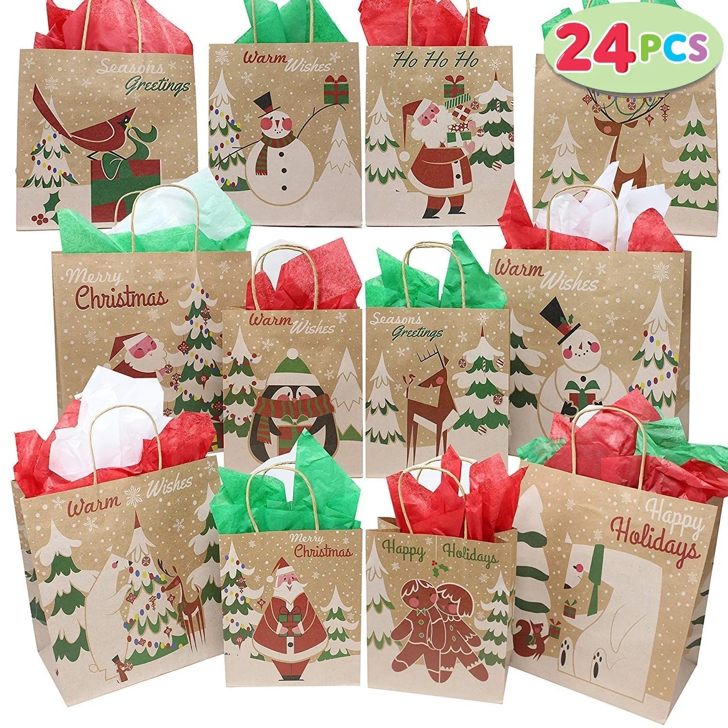 24-Pack Christmas Kraft Gift Bags with Assorted Holiday Prints