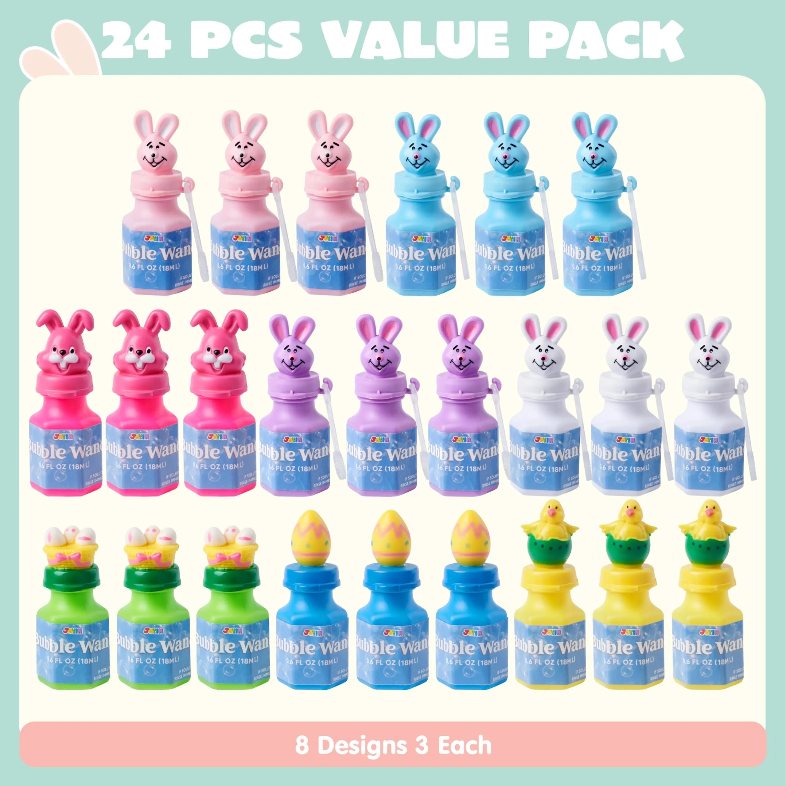 24 Easter Bubble Wands, 8 Designs with Animal and Easter Egg Characters