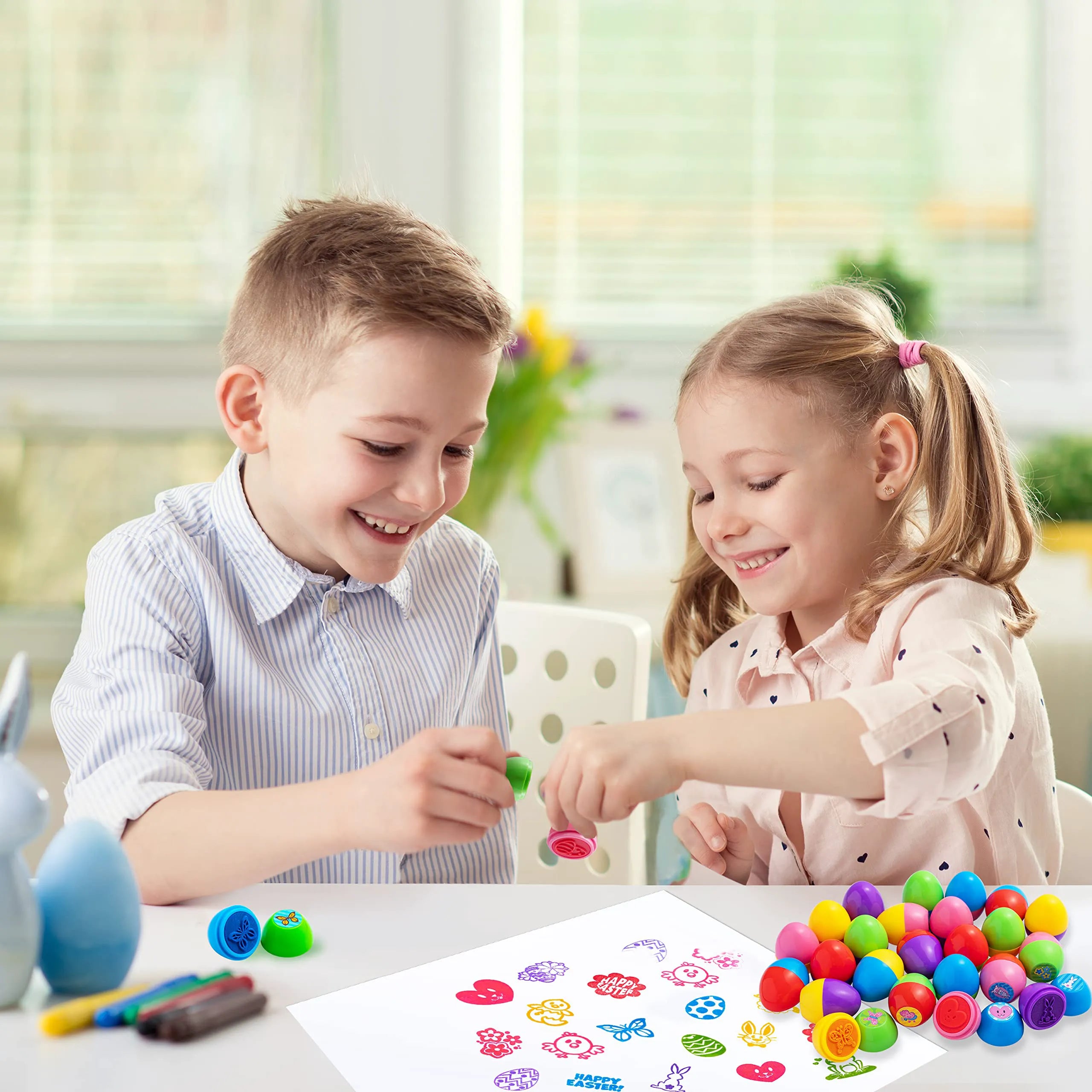 24 Pcs Easter Egg Stampers Self Inking Toys for Egg Hunt, Party Favors & Classroom Prizes