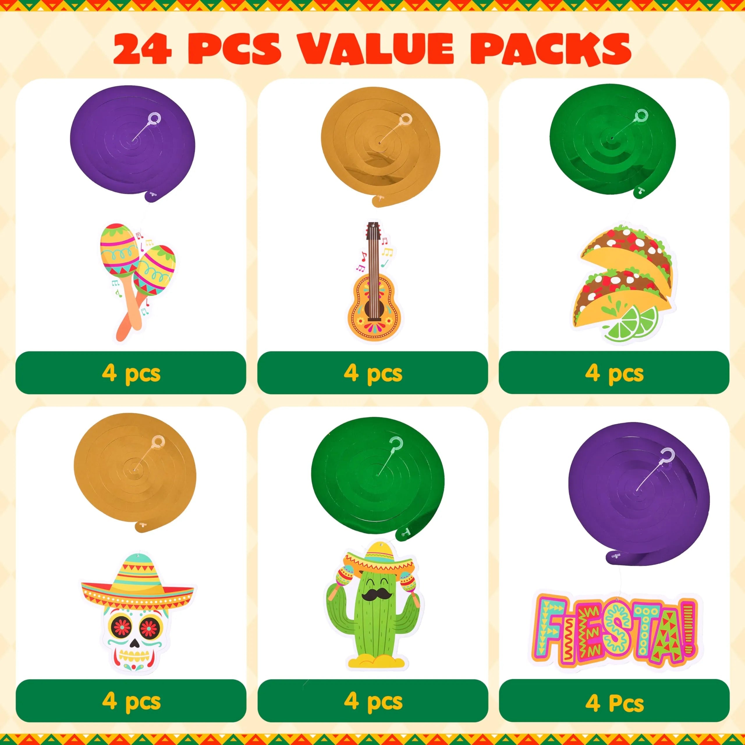 24-Pack Mexican Fiesta Hanging Swirl Decorations for Taco Bar Party