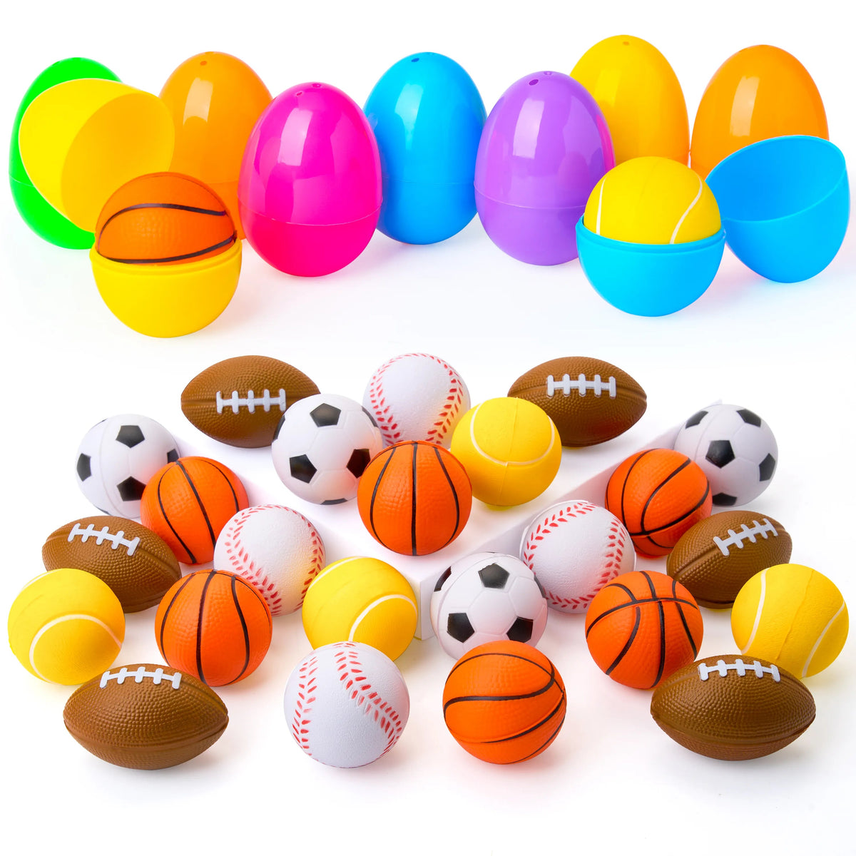 24 Pre-Filled Easter Eggs with Sports Stress Balls Squishy Toy for Kids Easter Egg Hunt
