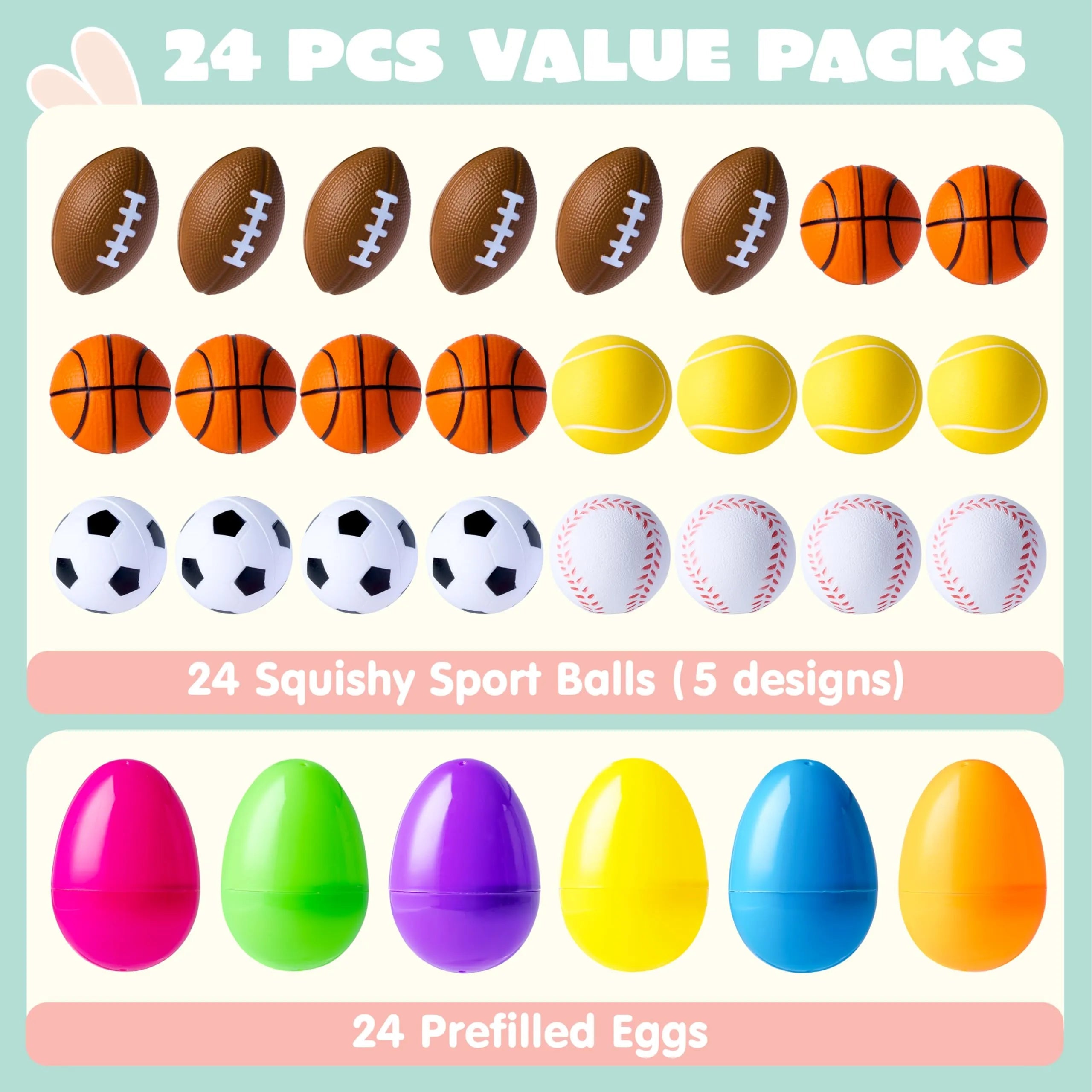 24 Pre-Filled Easter Eggs with Sports Stress Balls Squishy Toy for Kids Easter Egg Hunt
