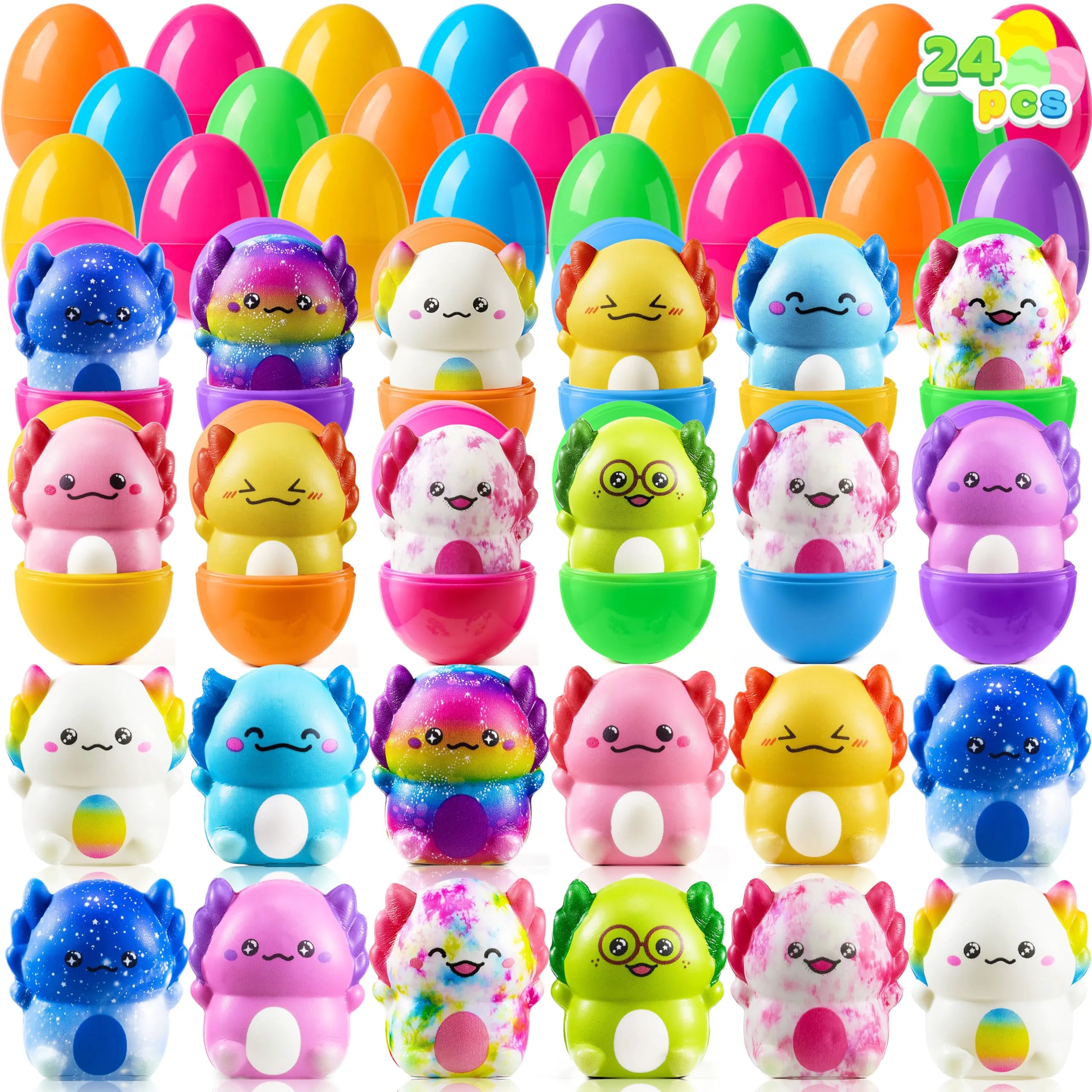 24 Prefilled Easter Eggs with Axolotl Squishy Toys for Egg Hunt, Party Favors & Basket Stuffers