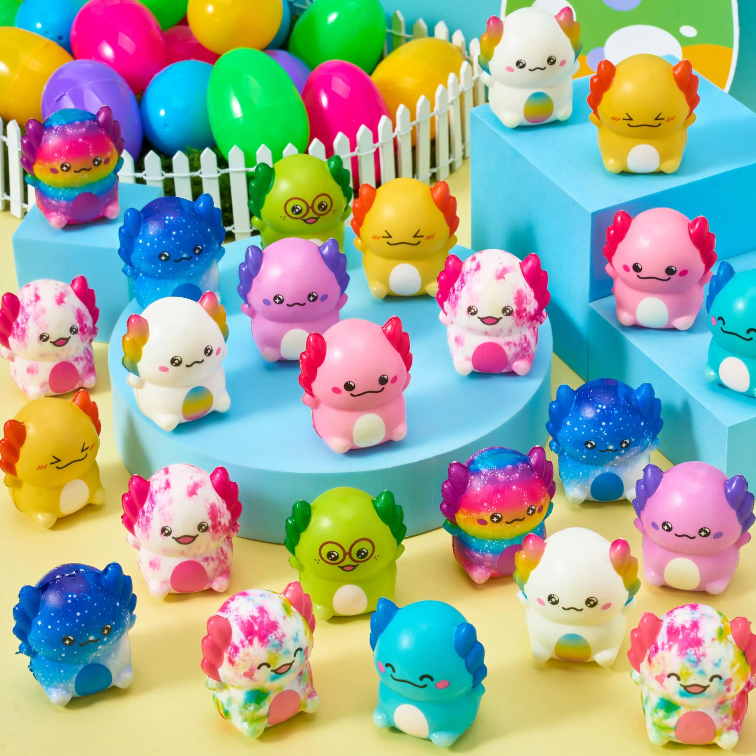 24 Prefilled Easter Eggs with Axolotl Squishy Toys for Egg Hunt, Party Favors & Basket Stuffers