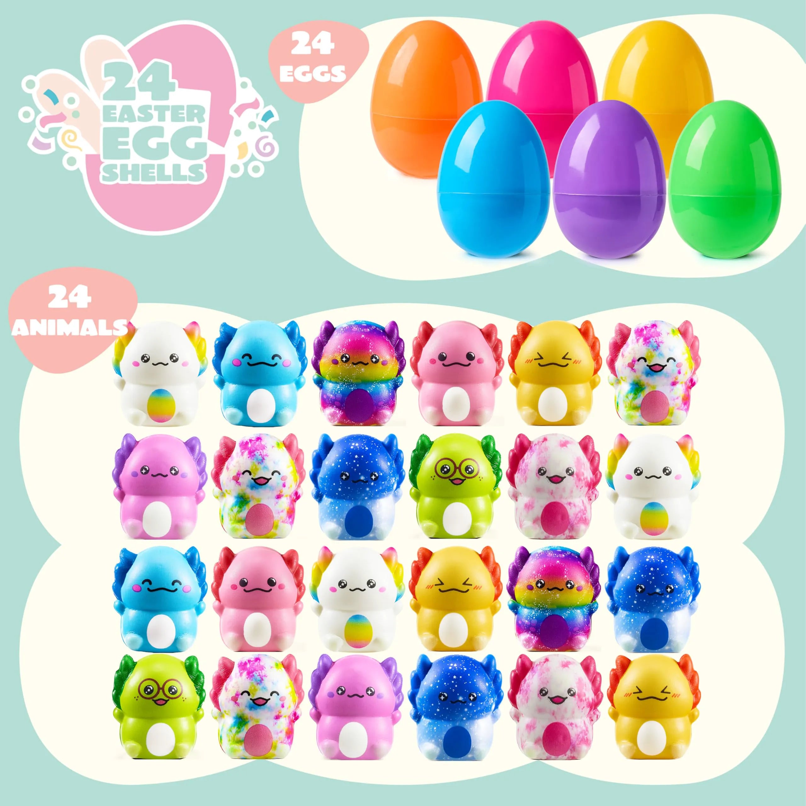 24 Prefilled Easter Eggs with Axolotl Squishy Toys for Egg Hunt, Party Favors & Basket Stuffers