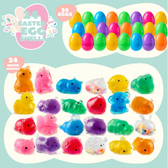 24Pcs Prefilled Easter Eggs with Cute Animal Mochi Squishy Toys for Egg Hunt, Basket Stuffers & Party Favors